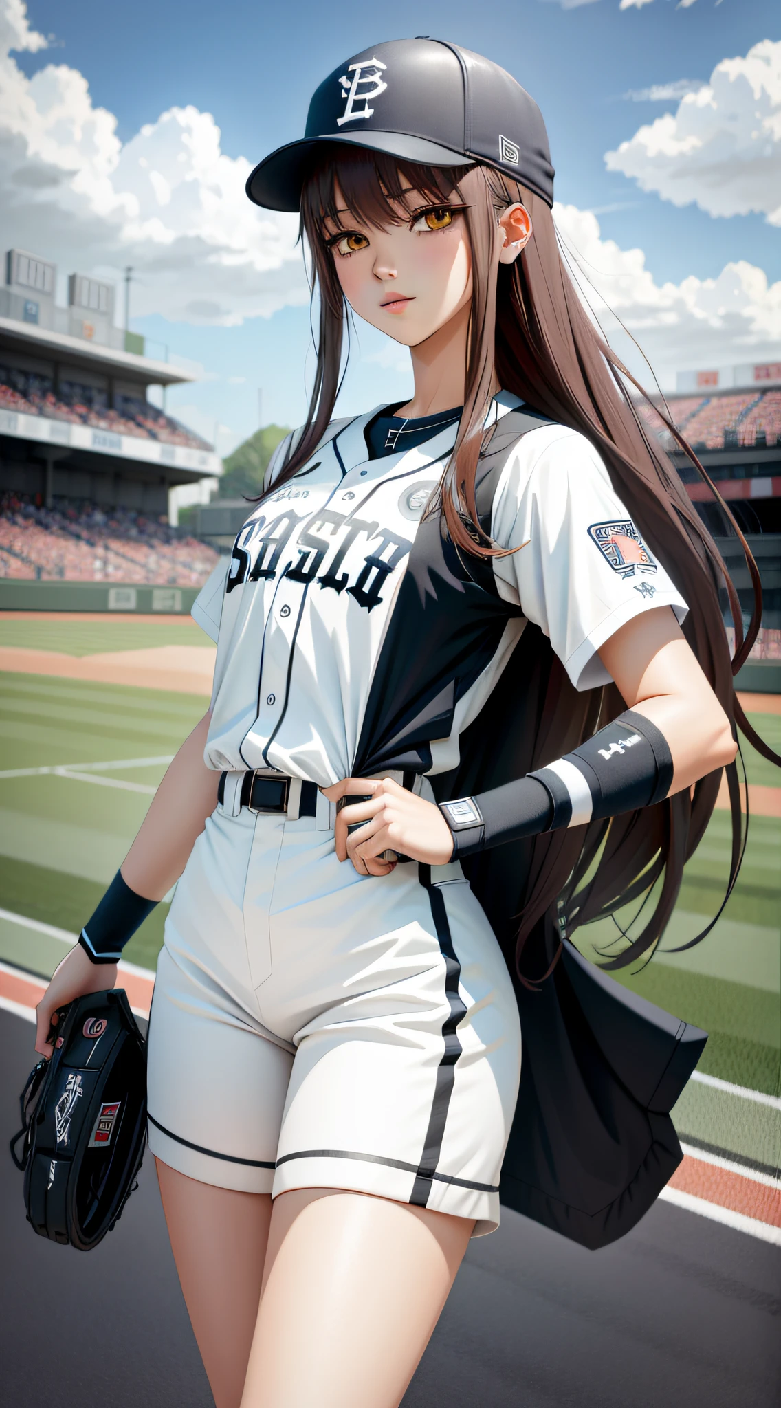 anime, long hair, sporty style, best quality, slender figure, baseball field, baseball player, hyperdetail, sky, perfect body, baseball field, home plate, baseball cap,