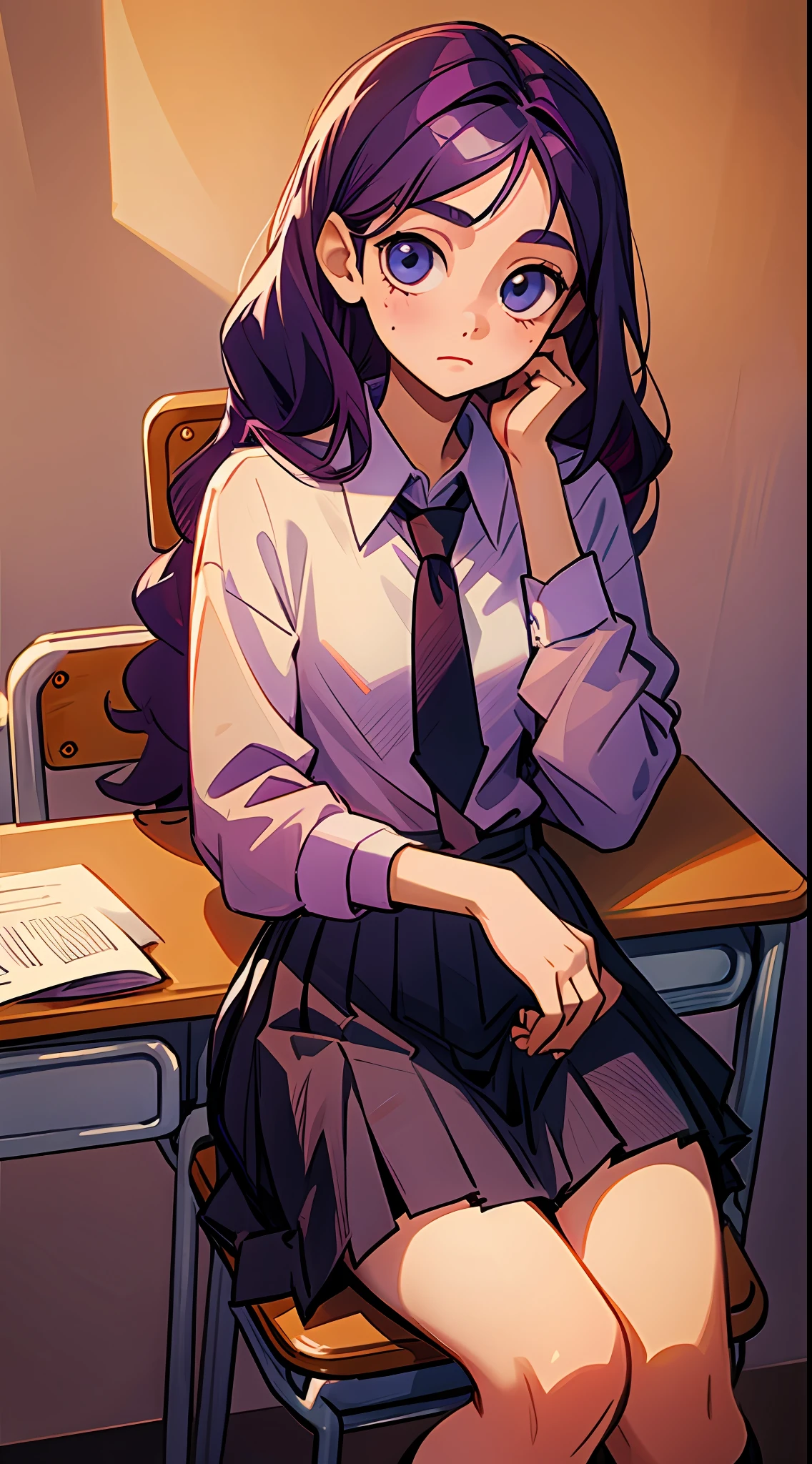 Young girl, 14 years old, long hair, sitting in the chair in a school desk, (purple hair, lovely eyes and sweet purple, feminine,cute:1.3,Nagisa Kubo from Kubo Won't Let Me Be Invisible:0.7),(1girl:1.2) school uniform, beige blouse, white shirt with black ring, a red women's tie, black skirt"