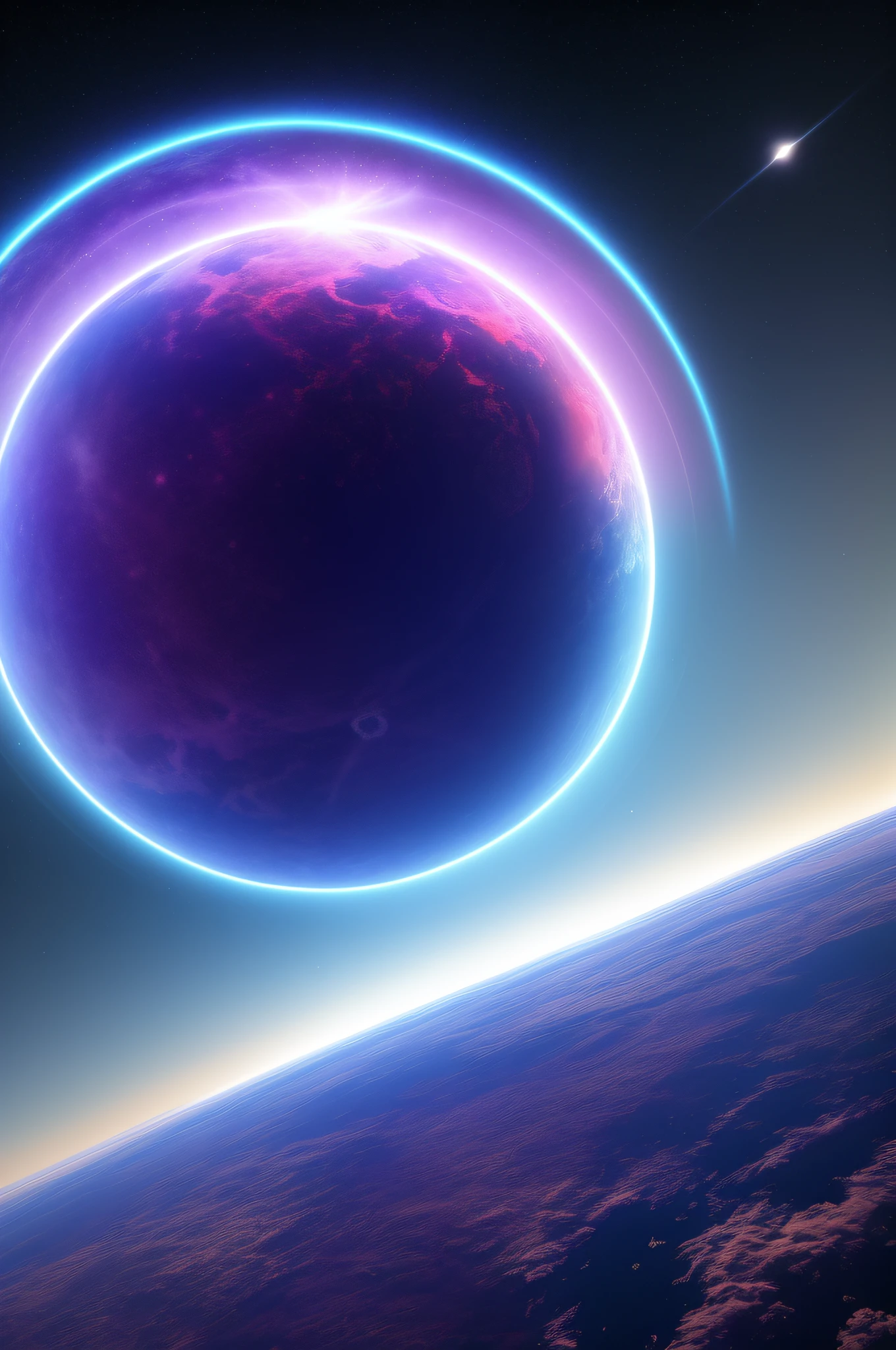 Planet from space, cosmic, purple, land, ocean, alien, solar system, colorful, fruitful, habitable, alien land, purple oceans, ice, birds, planet light years away, big, exoplanet, 8K resolution, ultra detailed, Fantasy vibe, centered, dreamlike, intricate detail, Cinematic Lightning, Unreal Engine, Realistic, Photorealistic, Hyper-detailed, insane details, Super-Resolution, Megapixel, FKAA, TXAA, RTX, SSAO, Post Processing