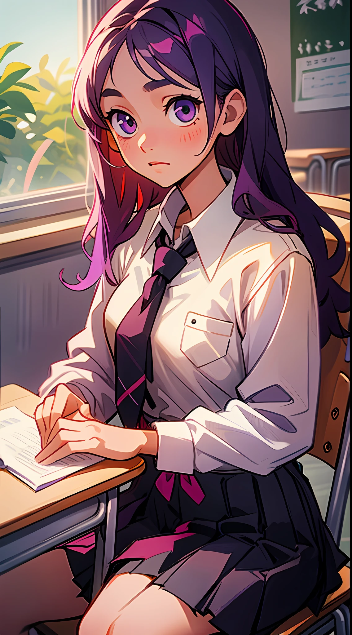 Young girl, , long hair, sitting in the chair in a school desk, (purple hair, lovely eyes and sweet purple, feminine,cute:1.3,Nagisa Kubo from Kubo Won't Let Me Be Invisible:0.7),(1girl:1.2) school uniform, beige blouse, white shirt with black ring, a red women's tie, black skirt"