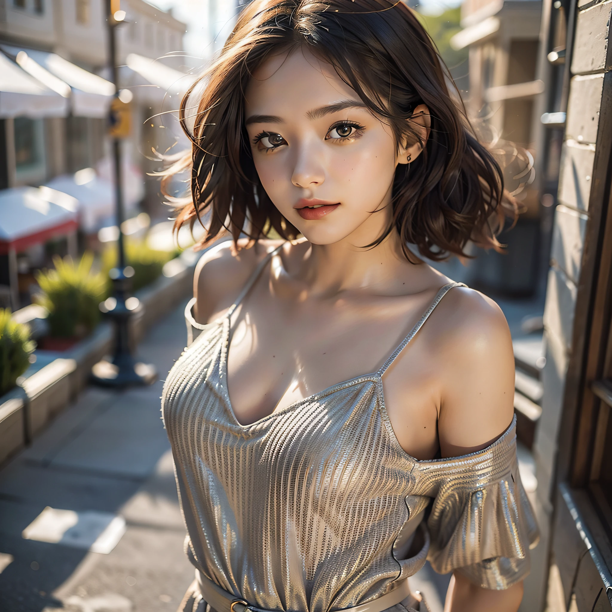 (masterpiece), (best quality), photorealism, realistic, photography, 1girl, 20yo, beautiful girl, looking at the sky, perfect face, perfect body, golden ratio, good , photo maping, slip dress, braless, short curly hair, colorful hair, light smile, on the street, sun light on the face, sun rise, morning, city background, depth of field, lens fare, view from above