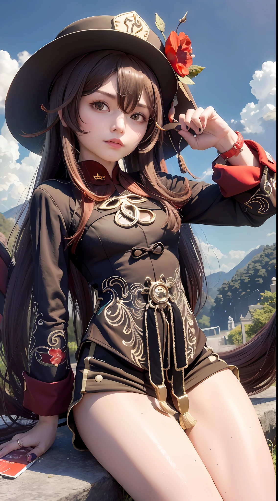 Xuemeixiang, red_flower, solo, little hat, long_hair, Hu Hu Tao\ (Genshin Impact), mature woman, looking_at_viewer, upper_body, Chinese_clothes, 1 girl, hat_flower, brown_hair, closed_mouth, hibiscus, red_rose, spider_lily, bangs,KBXLL, Long legs, shorts, in the park, on the top of the mountain