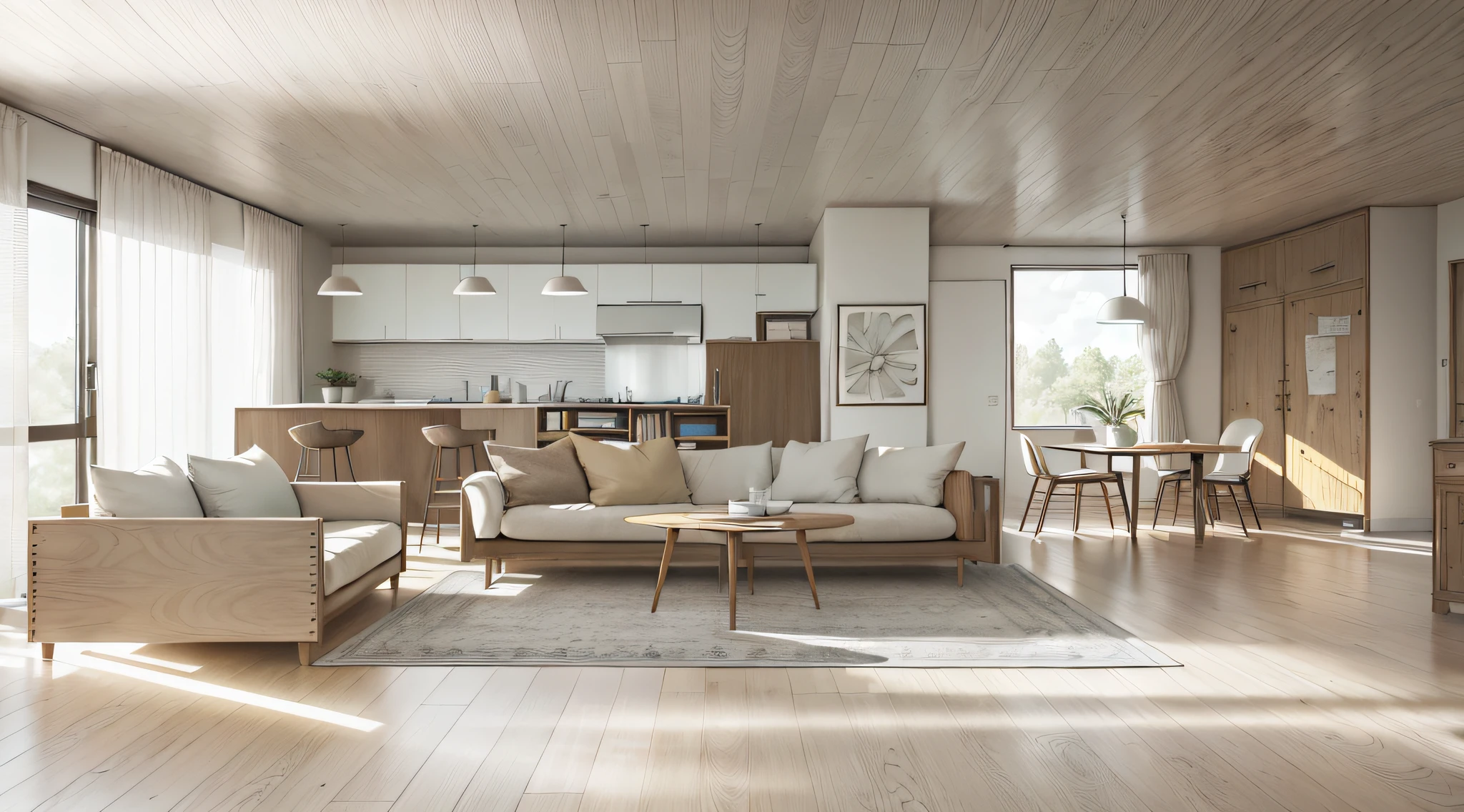 a sketch of a beautiful modern living room, (((foster and partners, artists impression, artistic impression, by Hamish MacDonald, by Carey Morris, by David Brewster, higher detailed illustration, by Helen Berman, an illustration, detailed illustration, by Nick Fudge, by Warren Mahy, artist's impression))), a red kitchen cabinet behind the white sofa, with minimal pictures on the wall, linen curtain next to the classroom window, coffee table, modern wood, ceiling with magnetic emissive lighting, white fabric PRB textures, wooden floor PRB texture,