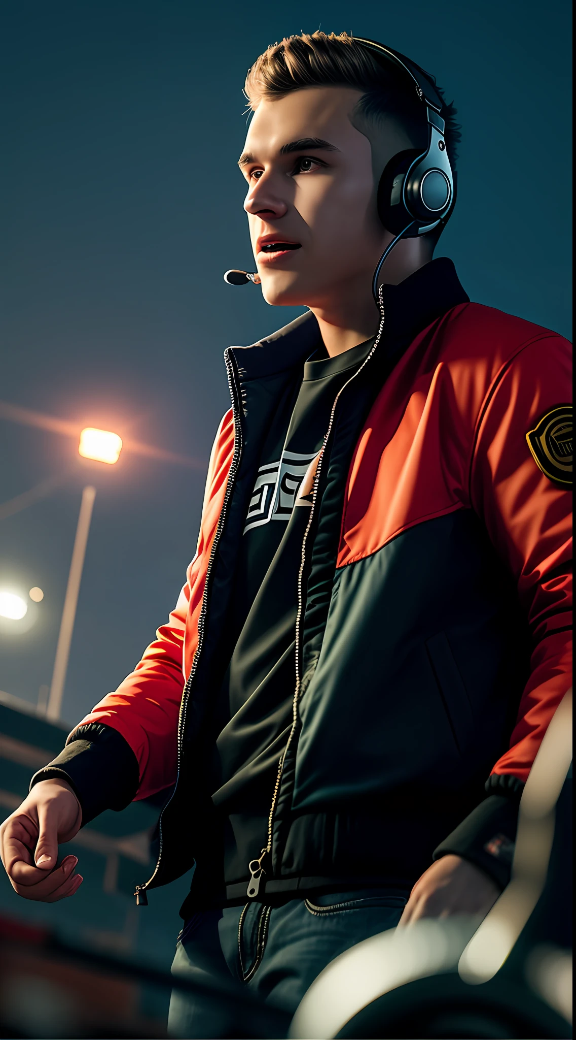 panorama, night, a young man with a red jacket and a headset who loves to livestream while he eats and competes in speed eating contests, a battleground with explosions and vehicles from Free Fire, 16k, realistic