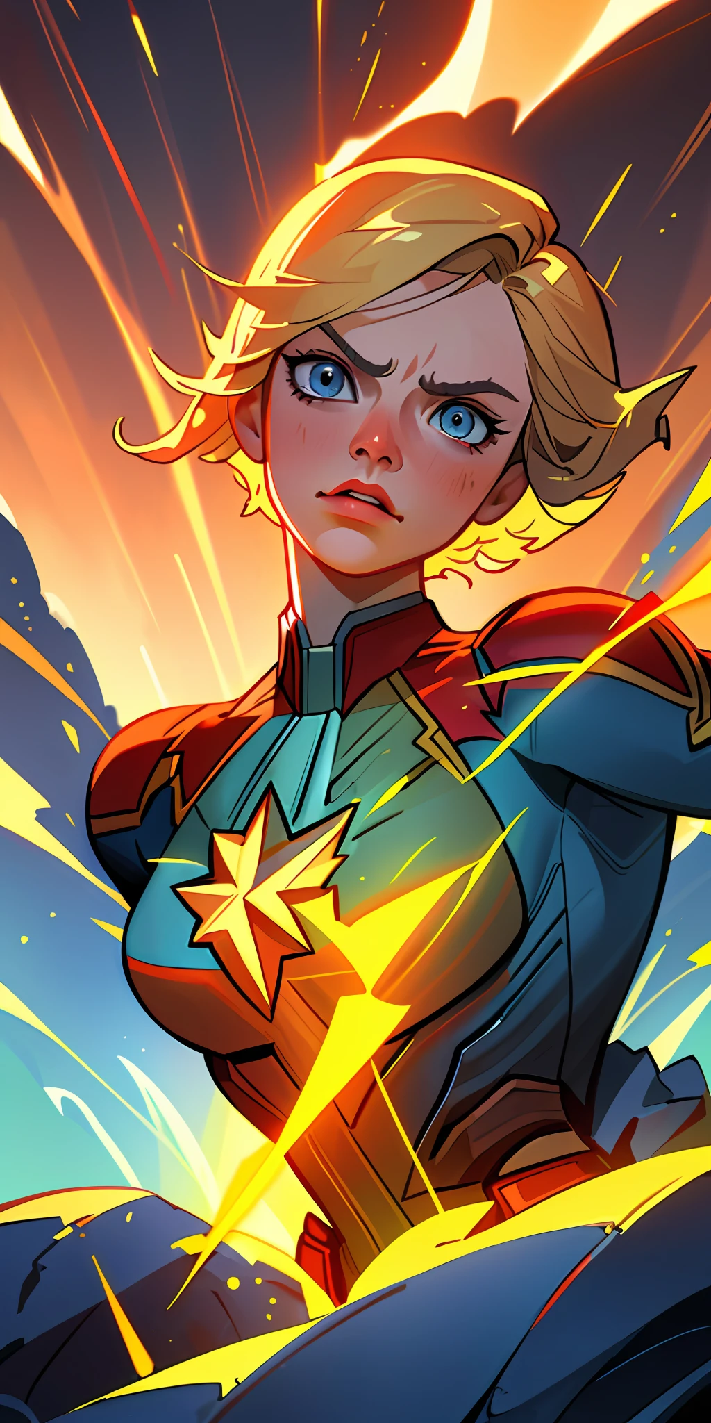 "((masterpiece quality)), best quality, incredibly detailed illustration of Cameron Diaz as Captain Marvel, short blonde hair, intense blue eyes, uniform, epic battle background, vibrant colors, dramatic lighting, capturing the essence of the powerful heroine.