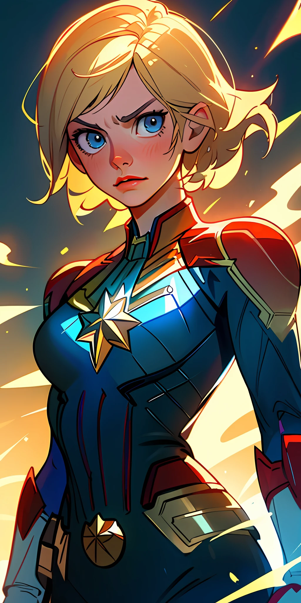 ((masterpiece quality)), better quality, incredibly detailed illustration of Cameron Diaz as Captain Marvel, short blonde hair, intense blue eyes, uniform, vibrant colors, dramatic lighting, capturing the essence of the powerful heroine