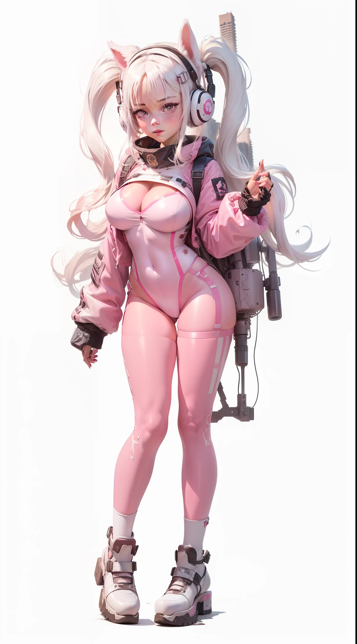 Beautiful and bold, cinematic, illustration, seductive and attractive, albino skin, cute face, smile, kind eyes, big breasts, silver hair, twin tails (red jacket, pink bodysuit, see-through, cleavage, rabbit ear machine) Barrette, headphones, bite, white shoes, white socks, (sniper rifle (black, white, pink)), thick legs, cameltoe). (destroyed buildings, rubble roads, smoke, abandoned cars, abandoned objects, desolate world, abandoned roads, apocalyptic landscapes, cinematic effects), ( top quality, masterpiece , depth of field, full HD, 4K, rich footage ) portrait style