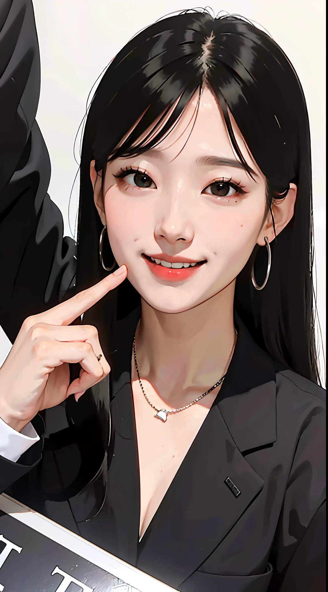 The girl was smiling and cheering people on in a black suit at the hotel