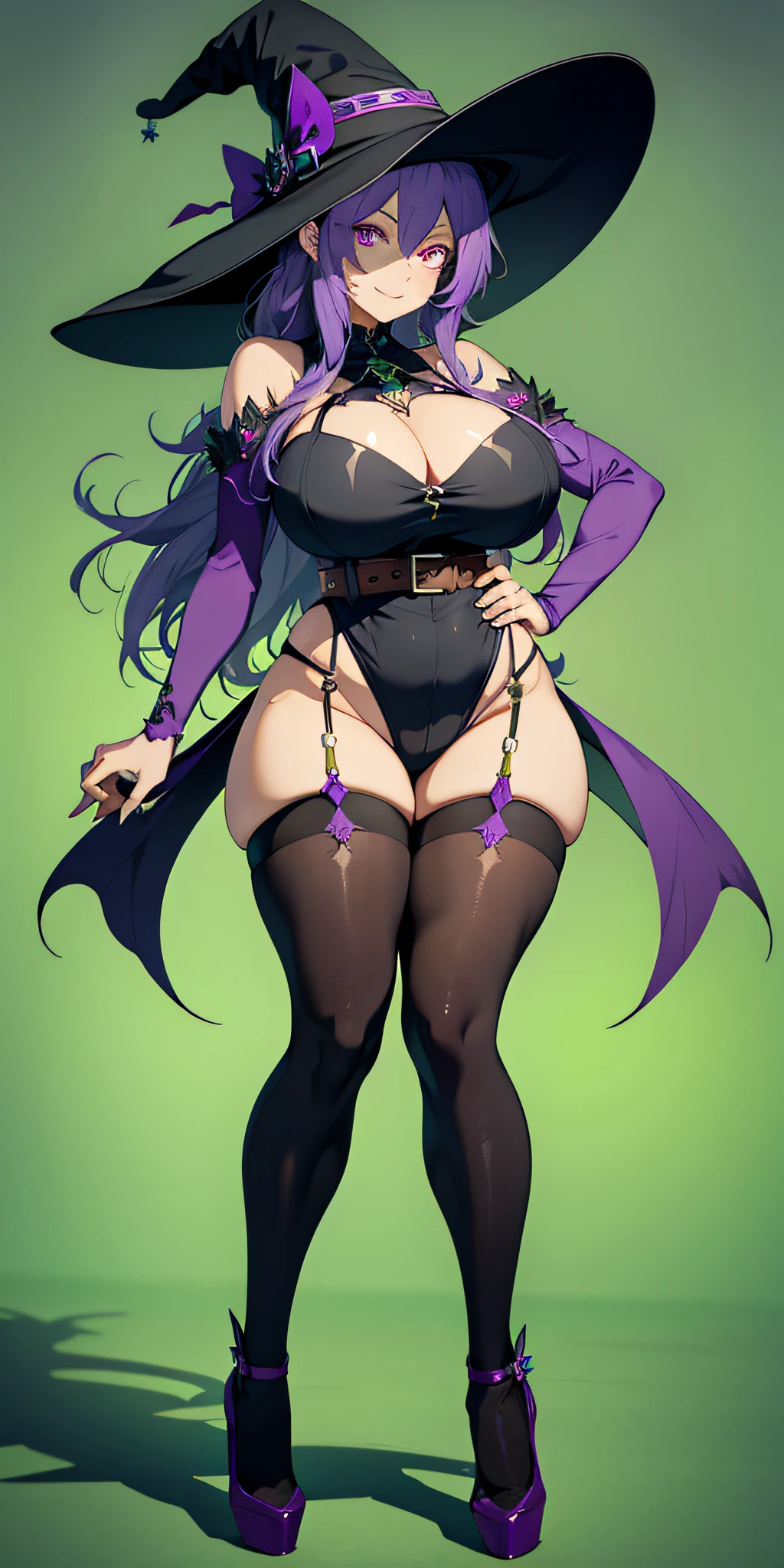 witch woman, purple hair, sexy, witch hat, thick thighs, (huge breasts: 10), red eyes, tsurime, long hair, green background, simple background, full body, black tights, brown belt, looking at viewer, front, front view, standing picture, cowboy shot, rape face, smile,