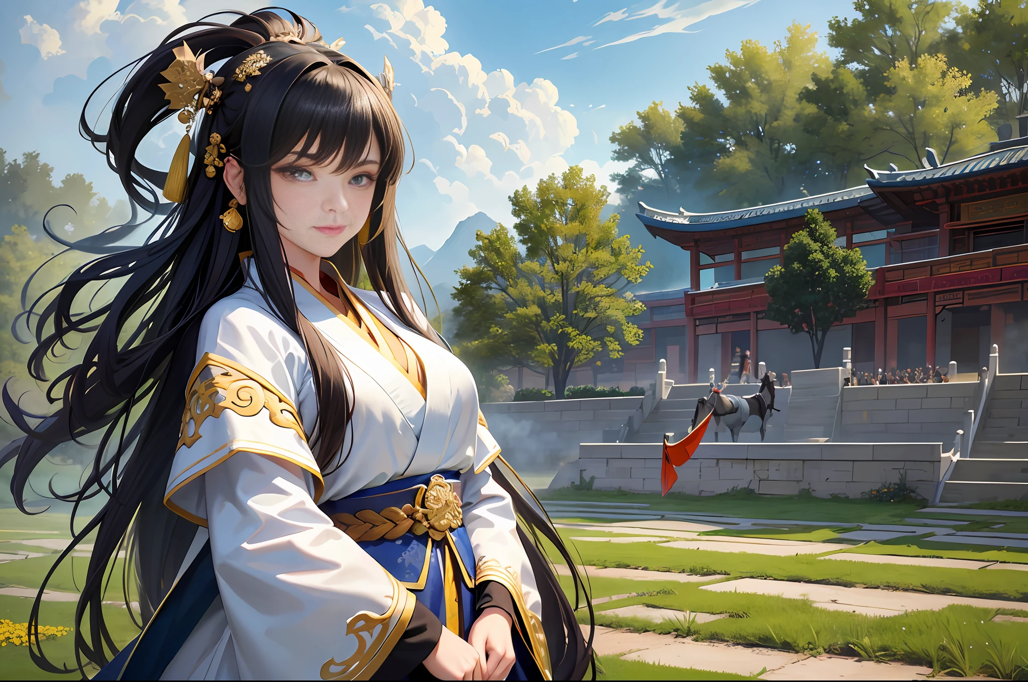 (Masterpiece, best quality: 1.4), (absurd, high resolution, hyper-detail: 1.2), 18-year-old girl, long black hair, green practice robe, standing in an outdoor jousting arena, watching, with tangled expressions. Chinese ancient style, Chinese martial arts.