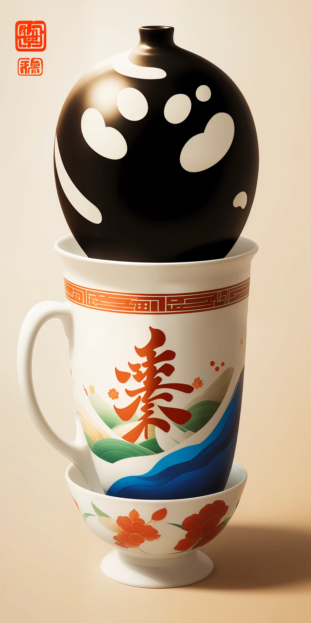 (masterpiece, best quality: 1.2), shukizuma, negative space, shuimobysim, ink painting, colorful colors, traditional Chinese, cup decorations, peaceful, (smile), looking at the viewer,