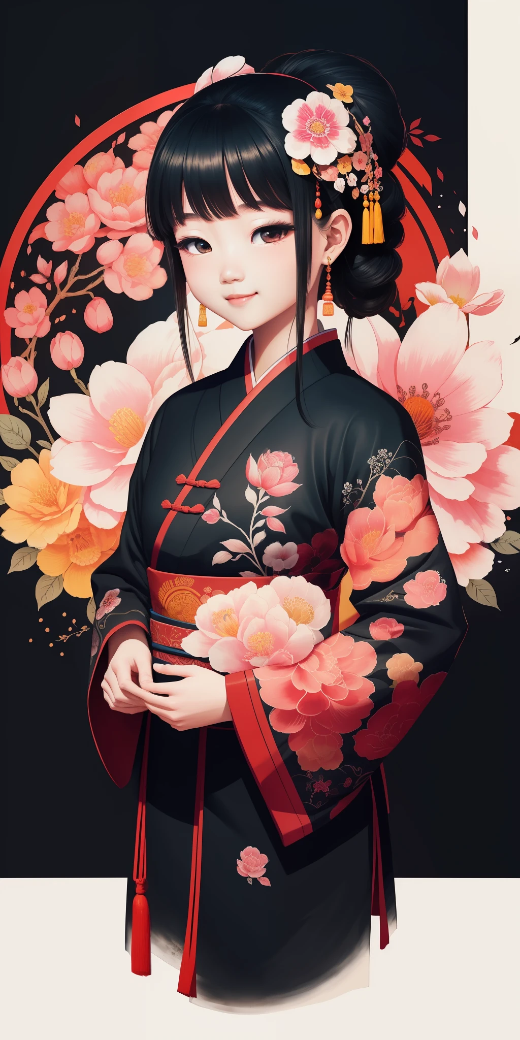 (masterpiece, best quality: 1.2), shukizuma, negative space, shuimobysim, ink painting, colorful colors, traditional Chinese, flower motifs, peaceful, (smile), looking at the viewer,neon