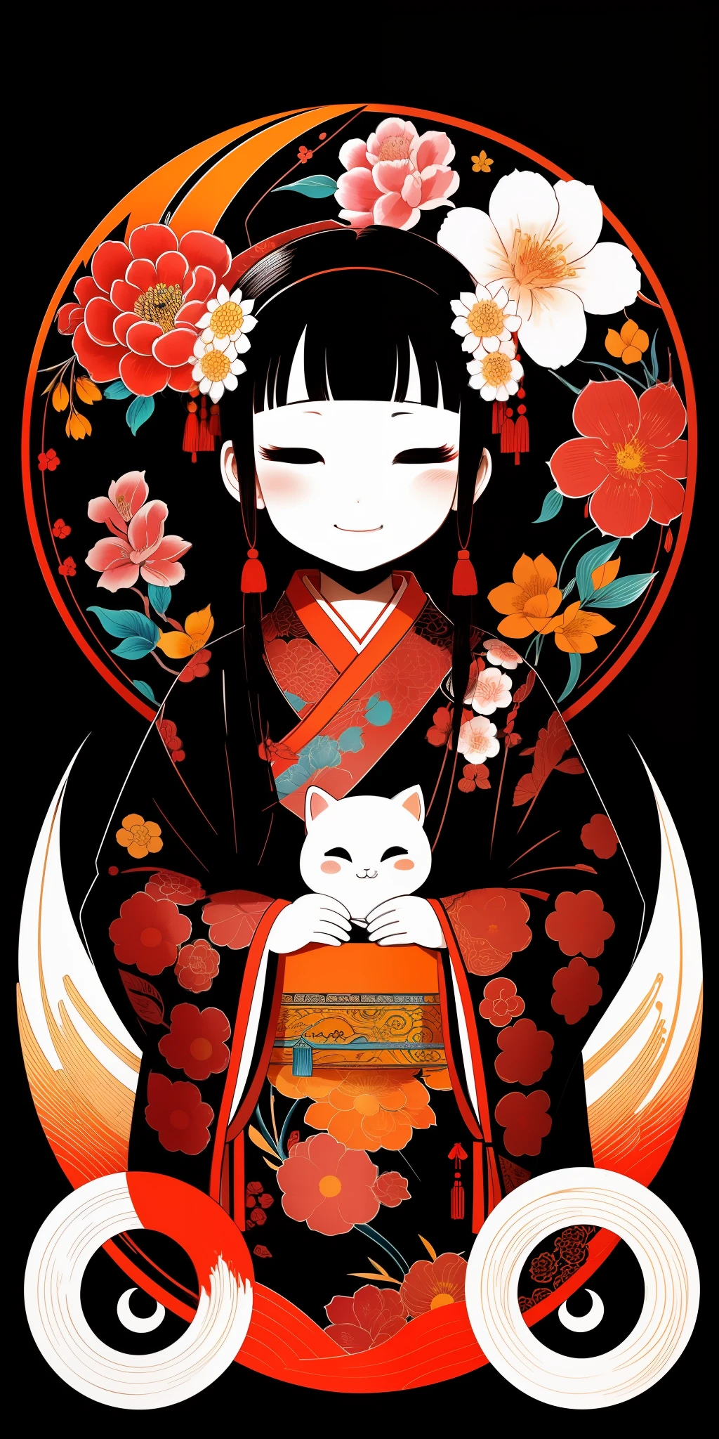 (masterpiece, best quality: 1.2), shukizuma, negative space, shuimobysim, ink painting, colorful colors, traditional Chinese, flower motifs, peaceful, (smile), looking at the viewer,neon