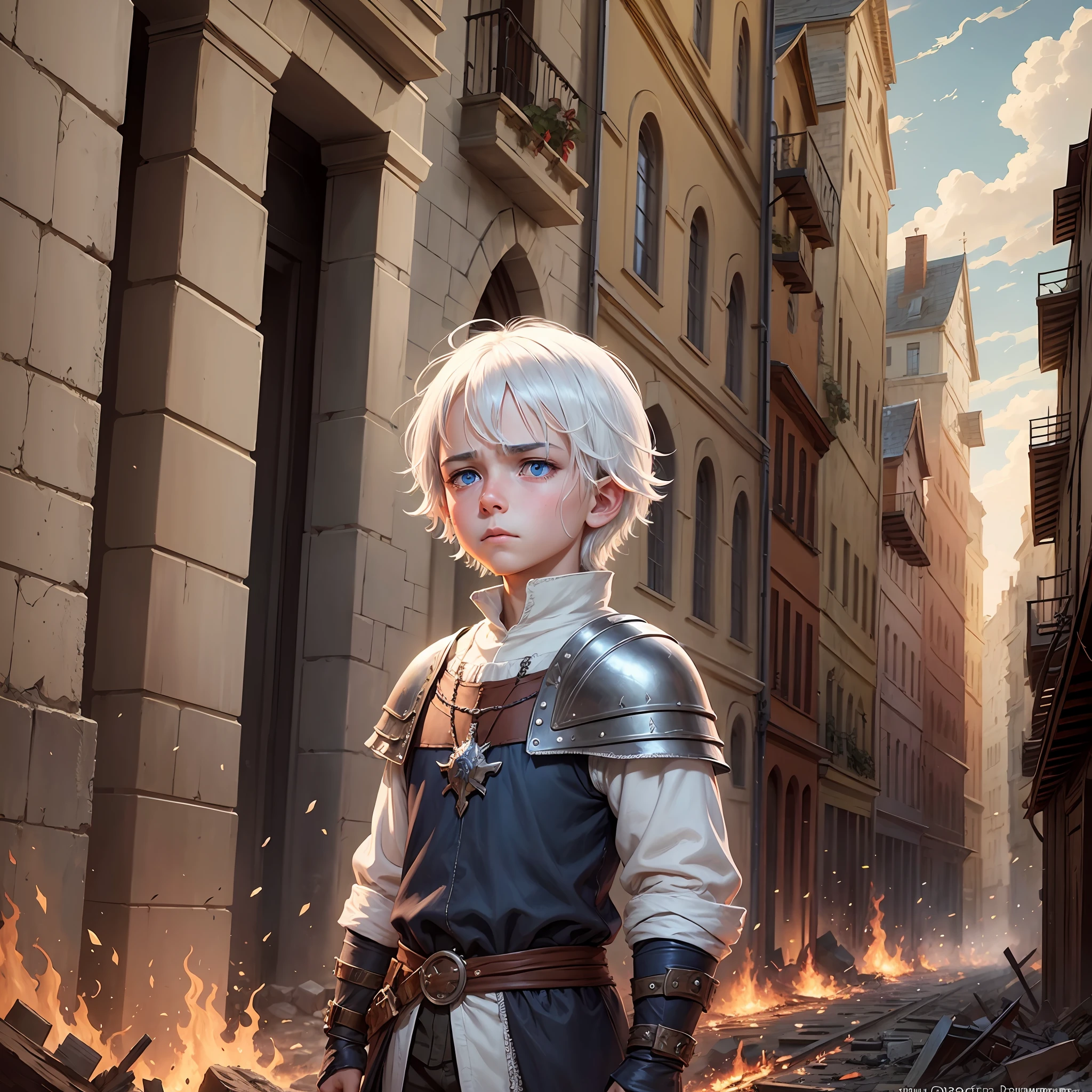 Create a boy A sad child with blue eyes and medium white hair in the middle of a medieval city destroyed in flames A real movie scene for a medieval DND RPG, ultra detailed anime-style art --auto --s2