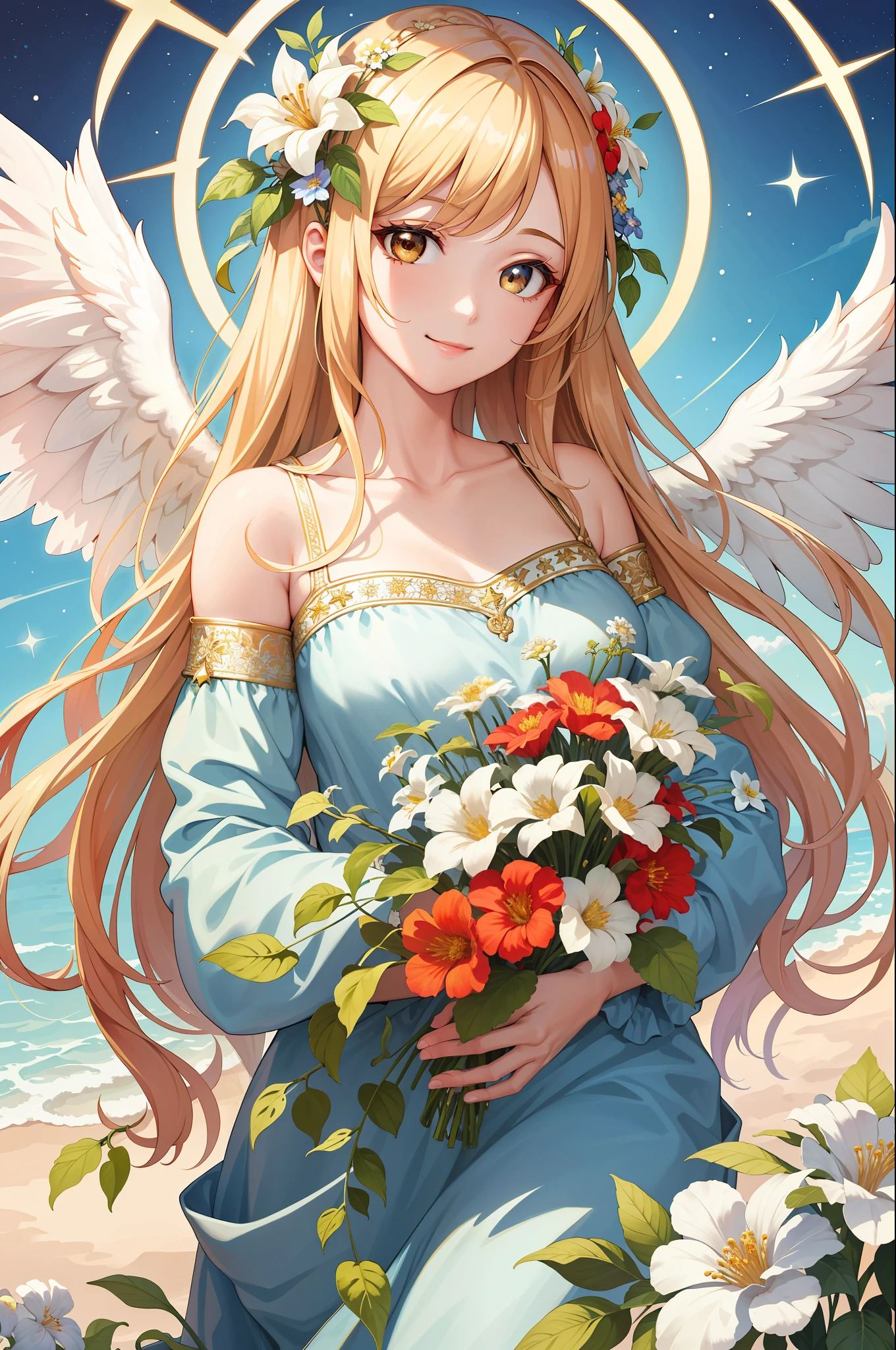 (masterpiece, highest quality, high resolution: 1.4), detailed, intricate details, beautiful girl with smiling eyes, angel wings, floral hair ornament, shine above head, light, soft impression, star, missha, flower garden, 4k, color splash, line art, art, fibonacci,