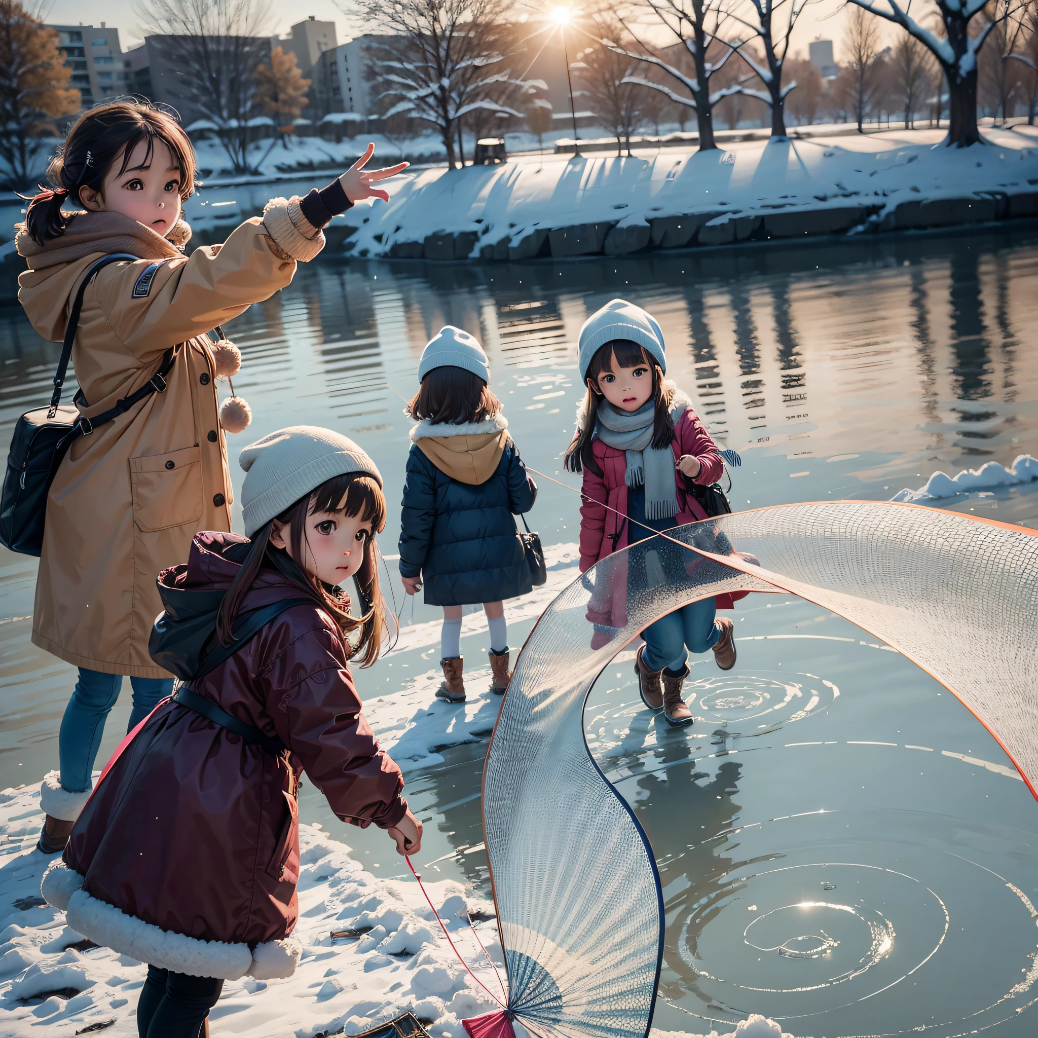 In winter, a group of little girls fly kites by the river --auto --s2