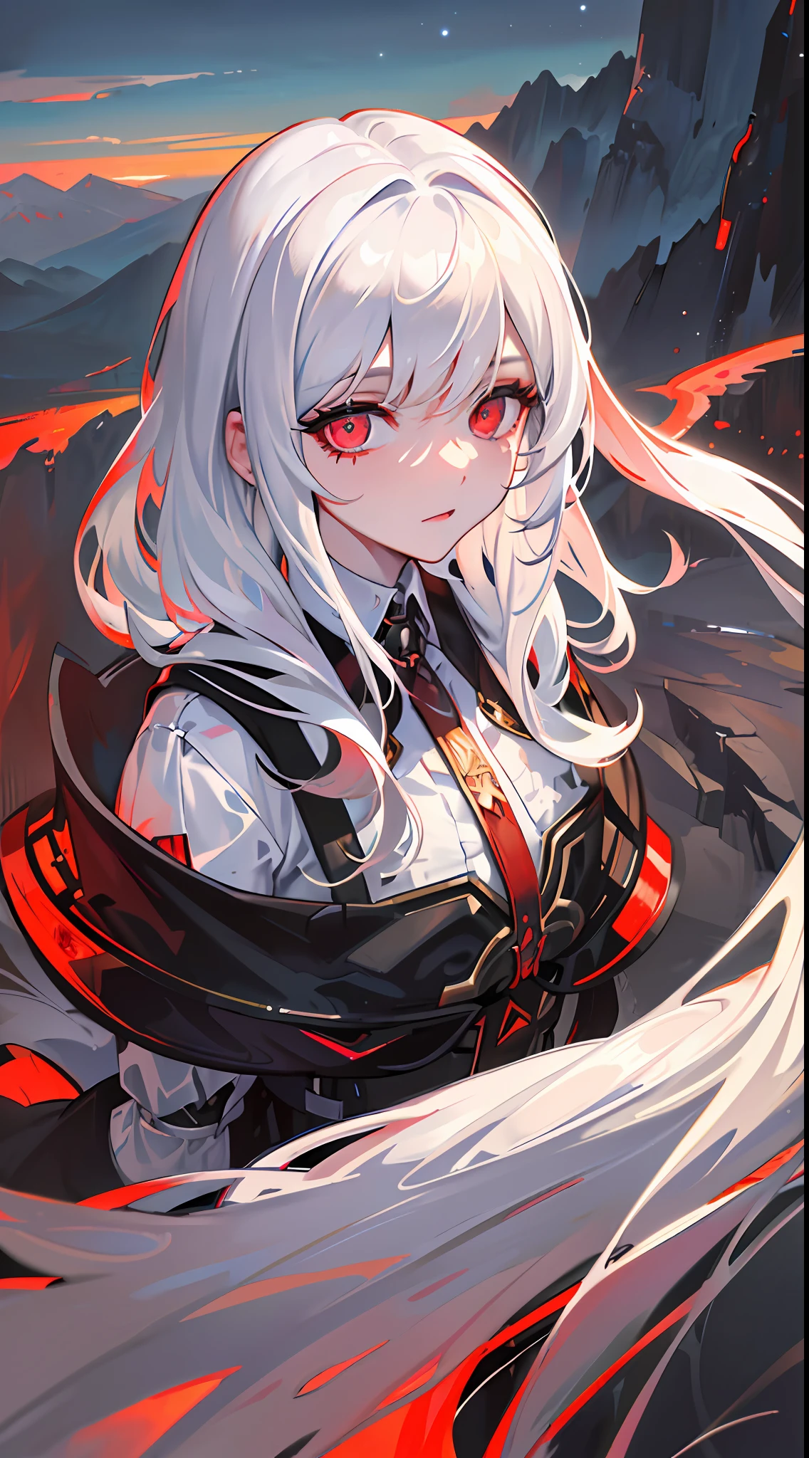 (((masterpiece))), ((eye detail)), ((face detail)), ((delicate feature)), ((best quality)), ((best artist)), ((ultra detailed landscape)), ((perfectly delicate physiognomy)), ((best illustration)), ((mountain landscape with clouds in the clear sky)), (1 girl) wearing robotic cyberpunk clothes, (((long white hair with fringes))), ((blood red eyes detailed)), in a lighting seen from above (((dark))), (neutral)), (almost no light in the scene), (((showing the detailing of the flickering eyes))) as if they were torches