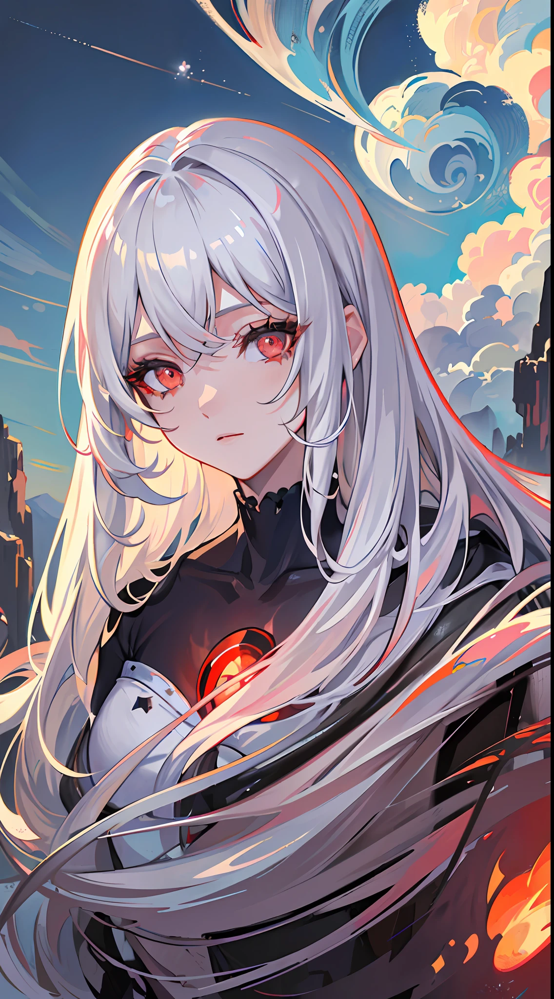 (((masterpiece))), ((eye detail)), ((face detail)), ((delicate feature)), ((best quality)), ((best artist)), ((ultra detailed landscape)), ((perfectly delicate physiognomy)), ((best illustration)), ((mountain landscape with clouds in the clear sky)), (1 girl) wearing robotic cyberpunk clothes, (((long white hair with fringes))), ((blood red eyes detailed)), in a lighting seen from above (((dark))), (neutral)), (almost no light in the scene), (((showing the detailing of the flickering eyes))) as if they were torches