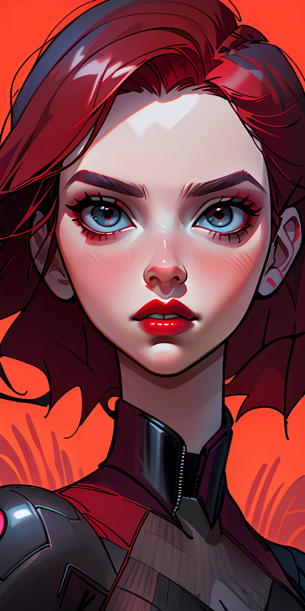 Infinitely realistic and detailed digital portrait of Scarlett Johansson as Black Widow, with vibrant red hair, refined makeup and seductive expression, captured in an enigmatic and cinematic environment.