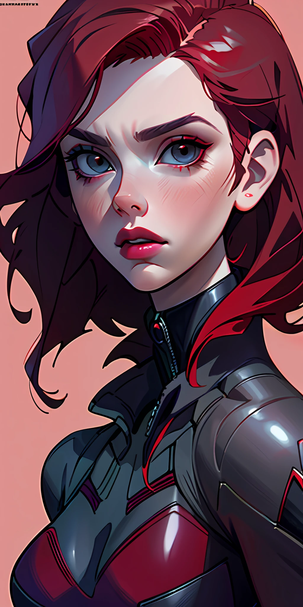 Infinitely realistic and detailed digital portrait of Scarlett Johansson as Black Widow, with vibrant red hair, refined makeup and seductive expression, captured in an enigmatic and cinematic environment.
