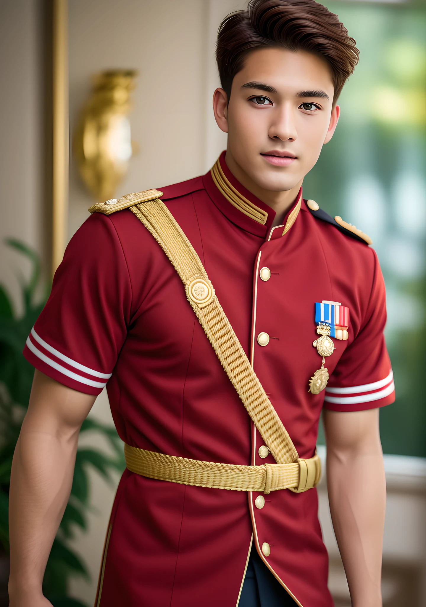 (man), high school boy in handsome red uniform, tanned, muscular, full-body, alone, (high detail: 1 of 1), natural skin, high quality, nsfw, beautiful eyes, (face: 1 2), noise, real photo, psd, sharp focus, high resolution 8k, realistic, professional photo, 8k uhd, soft lighting, high quality, film grain, fujifilm XT3