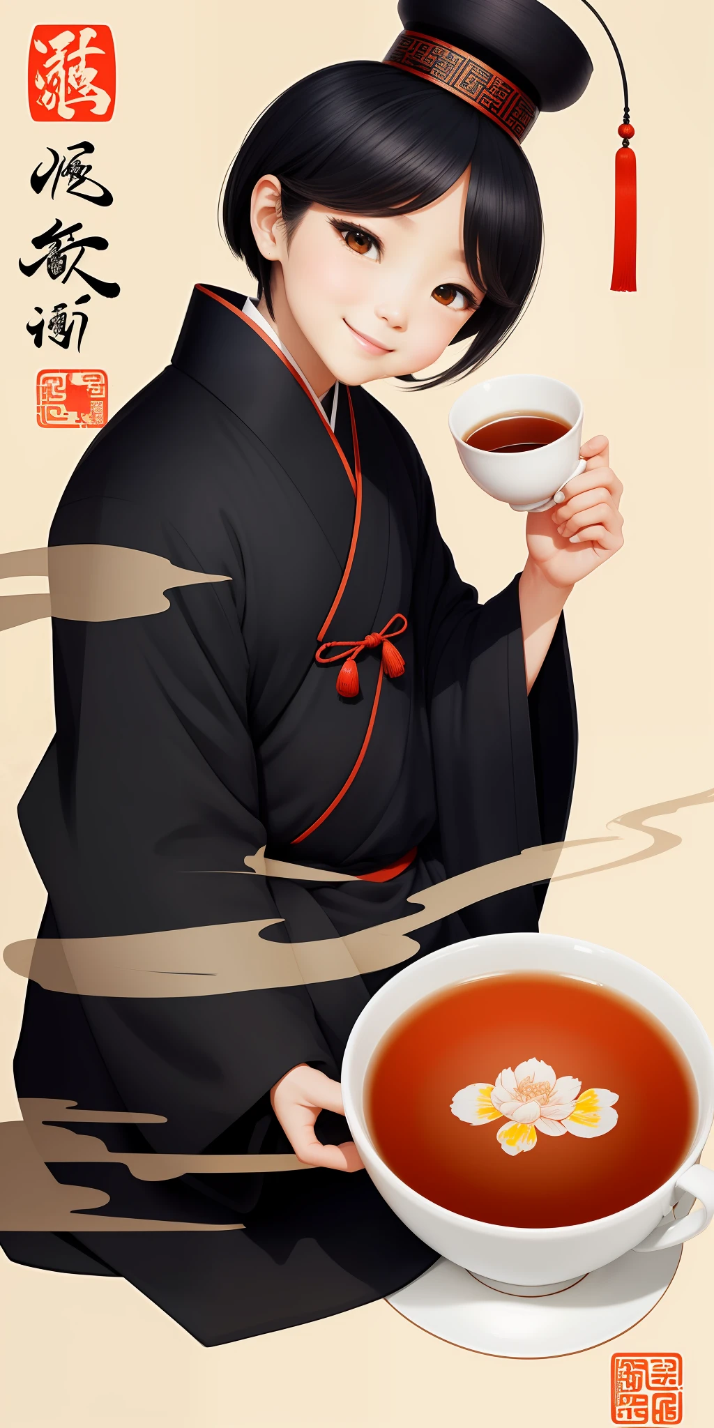 (Masterpiece, best quality: 1.2), shukizuma, negative space, shuimobysim, ink painting, colorful traditional Chinese, a cup of hot tea, tea smoke, peaceful, (smile), looking at the viewer,
