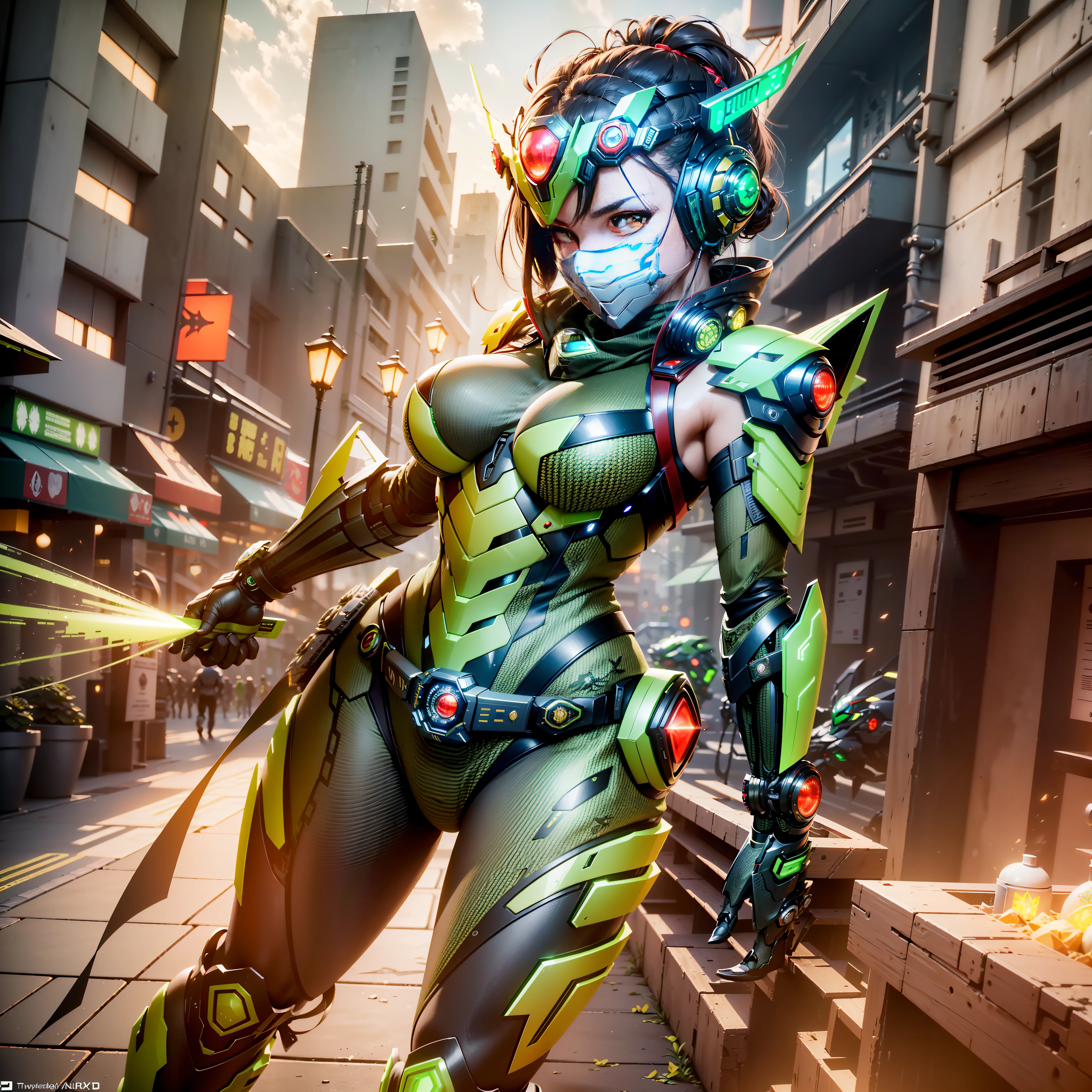 ((Best Quality)), ((Masterpiece)), (Details: 1.4), 3D, 1girl, Full body image, image of a woman in a beautiful green flying locust cyberpunk suit, ((Two tactile decorations on forehead)),((Kamen Rider belt)), ((Kamen Rider style)), headgear with the image of a flying locust, (((Mechanical Cyber Mask)), Bust Armor, Red Scarf, Red Cyborg Eyes, HDR, Ray Tracing, NVIDIA RTX, Super Resolution, Unreal 5, Subsurface Scattering, PBR Texturing, Post-Processing, Anisotropic Filtering, Depth of Field, Maximum Clarity and Sharpness, Multilayer Textures, Albedo and Specular Maps, Surface Shading, Accurate simulation of light-material interaction, slender body, perfect proportions, sharp eyeliner, (full body)), sharp focus, ocane rendering, two-tone lighting, wide aperture, low ISO, white balance, rule of thirds, 8K RAW, circuit board AI, 4k, fog, night city background,