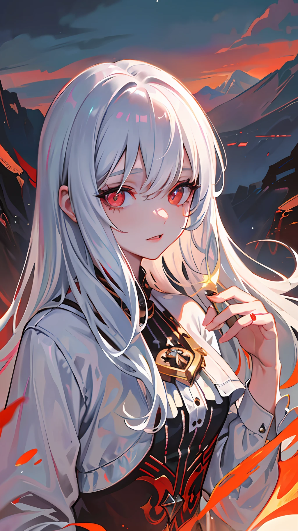 (((masterpiece))), ((eye detail)), ((face detail)), ((delicate feature)), ((best quality)), ((best artist)), ((ultra detailed landscape)), ((perfectly delicate physiognomy)), ((best illustration)), ((mountain landscape with clouds in the clear sky)), (1 girl) wearing robotic cyberpunk clothes, (((long white hair with fringes))), ((blood red eyes detailed)), in a lighting seen from above (((dark))), (neutral)), (almost no light in the scene), (((showing the detailing of the flickering eyes))) as if they were torches