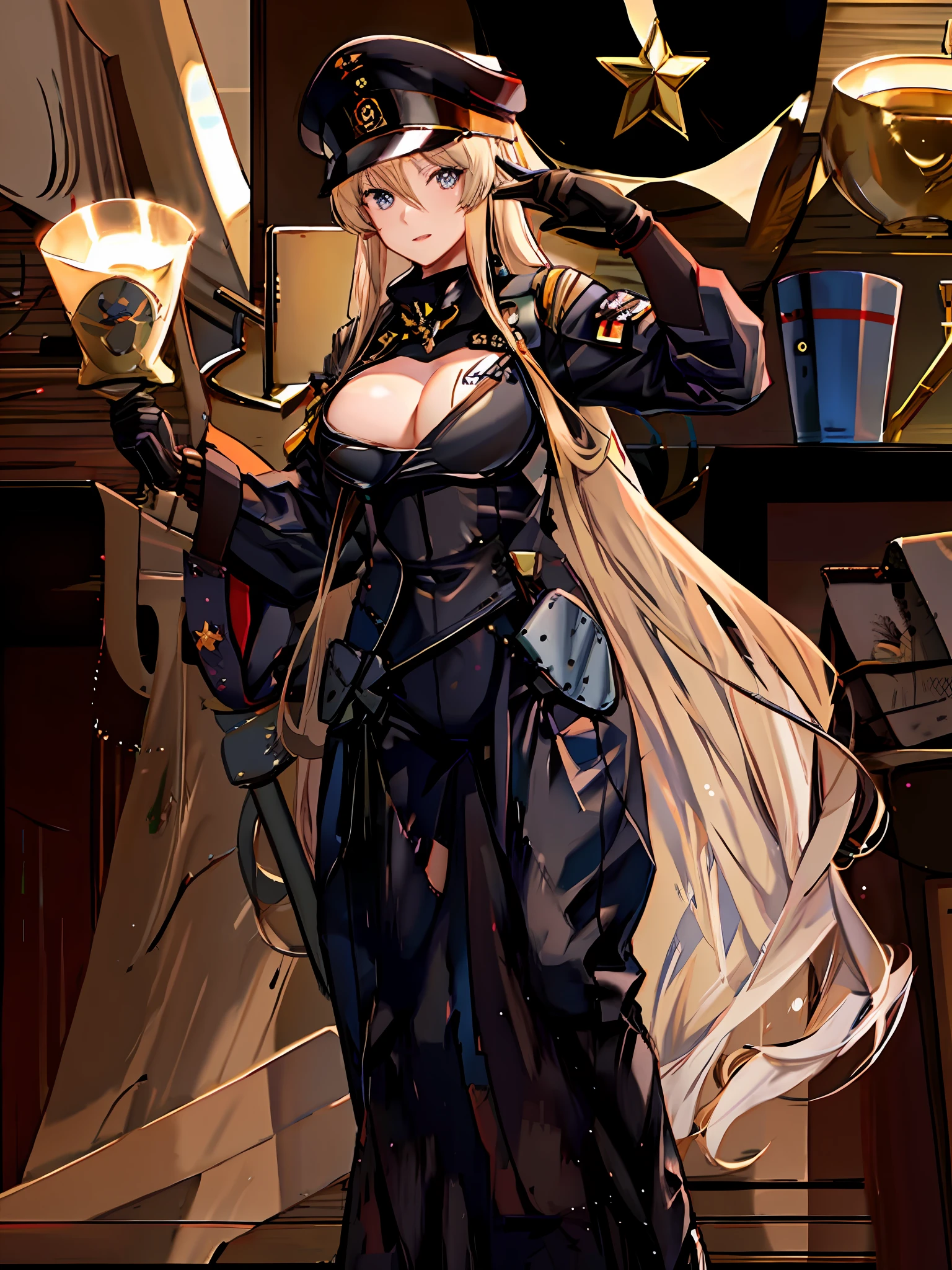 Yamato, blonde hair, hat, long hair, blue eyes, gloves, military, brown gloves, pointed hat, thighs, military uniform, uniform, bare shoulders, detached sleeves, military hat, iron cross, chest,anchor, gray thighs, big breasts, long sleeves, masterpiece, best quality