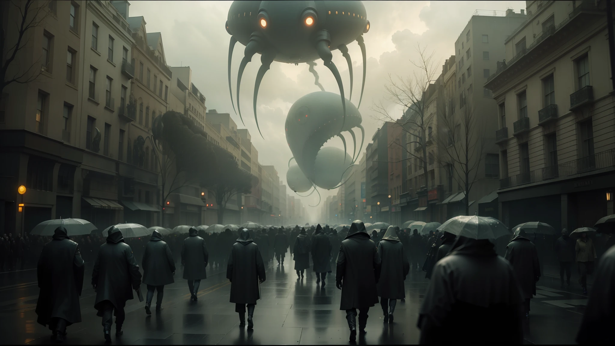 there are many people walking down the street in the rain, film still from dune 2020, cloverfield movie, by Albert Joseph Pénot, magic parade float, lovecraft style, multiple eyes, artist rendition, huge armies, darkwave goth aesthetic, blimps, twelve arms --auto --s2