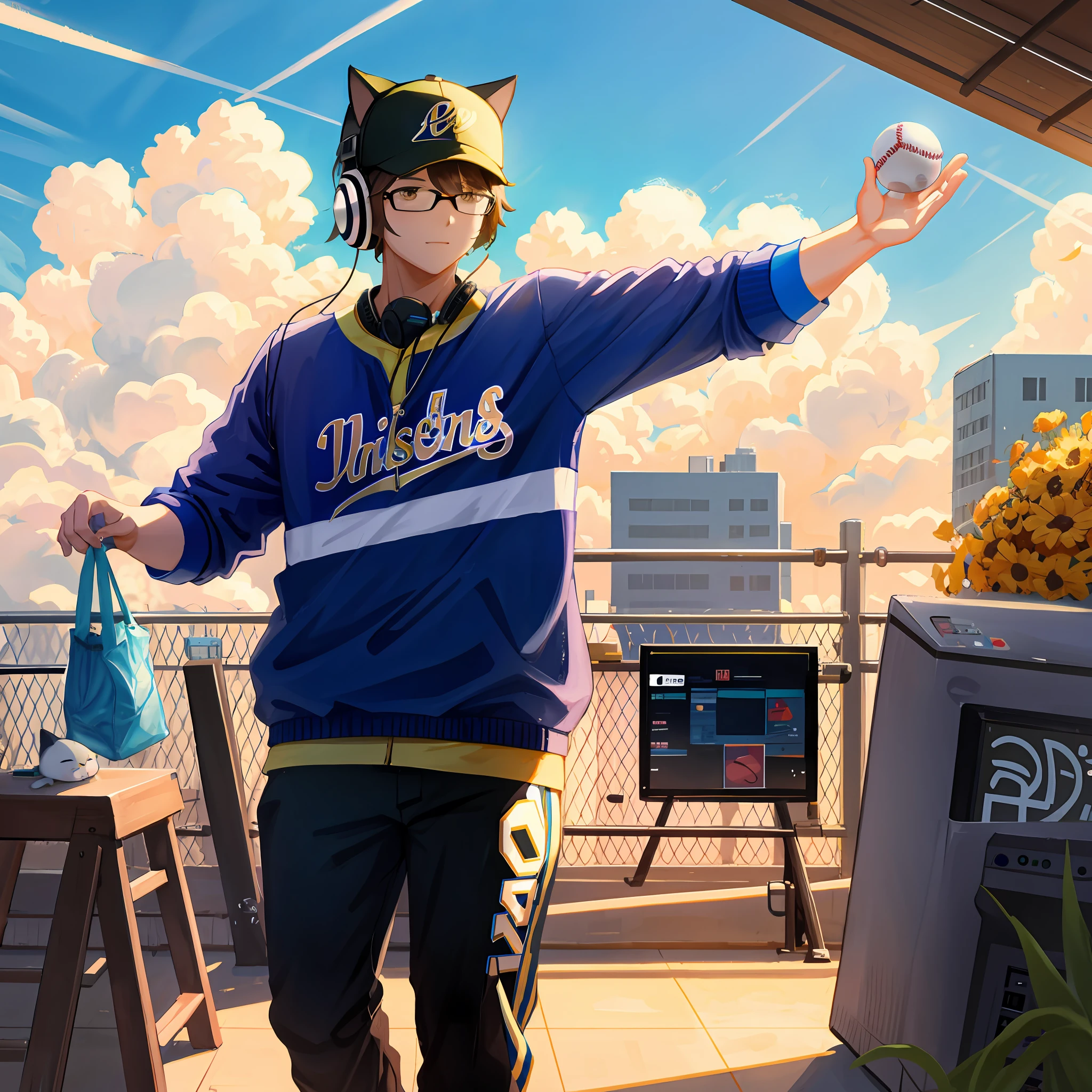 Anthropomorphic fat cat listening to music, holding headphones, MP3 player, highest quality, masterpiece, high quality, high definition, absurdity, __art global illumination, baseball jersey, 1cat