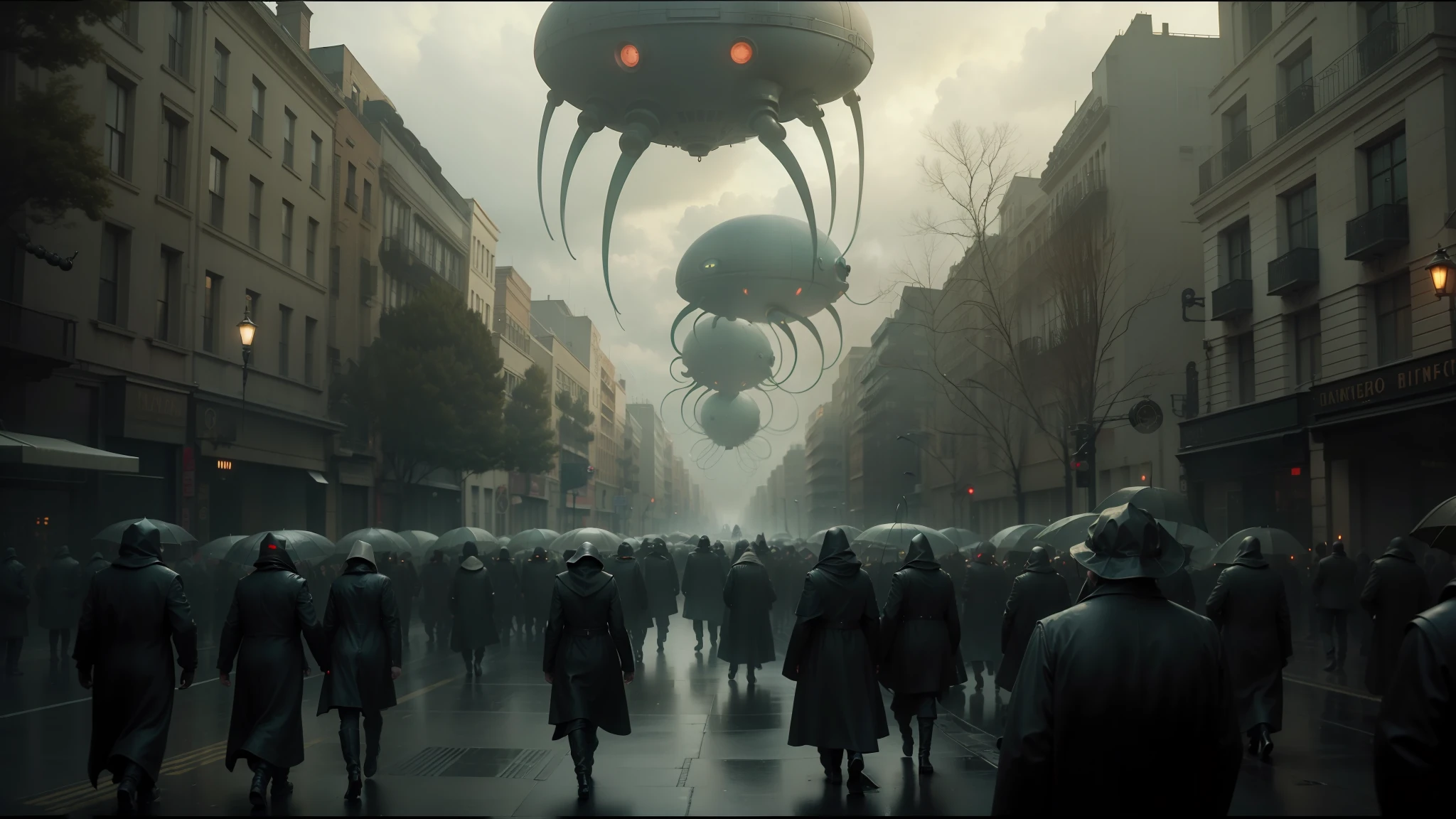 there are many people walking down the street in the rain, film still from dune 2020, cloverfield movie, by Albert Joseph Pénot, magic parade float, lovecraft style, multiple eyes, artist rendition, huge armies, darkwave goth aesthetic, blimps, twelve arms --auto --s2