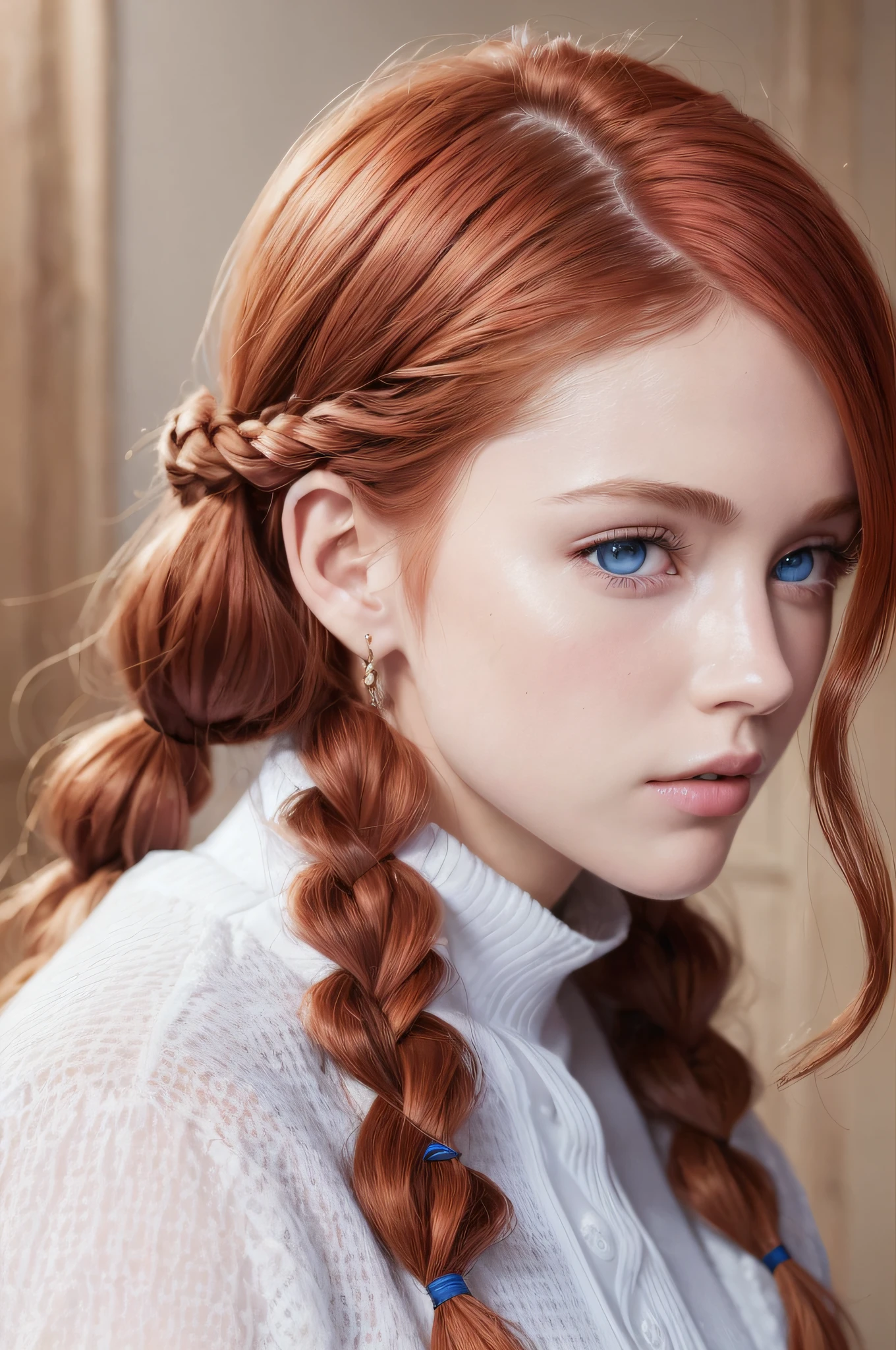 (8K, Best Quality, Masterpiece: 1.2), (Realistic, Photorealistic, Photorealistic: 1.37), Best Quality, Masterpiece, Red Hair, Blue Eyes, White Clothes, Look Up, Upper Body, Hair Strands, Fair Skin, Side Braids, Ultra High Resolution, Highly Detailed Eyes and Face, --auto --s2