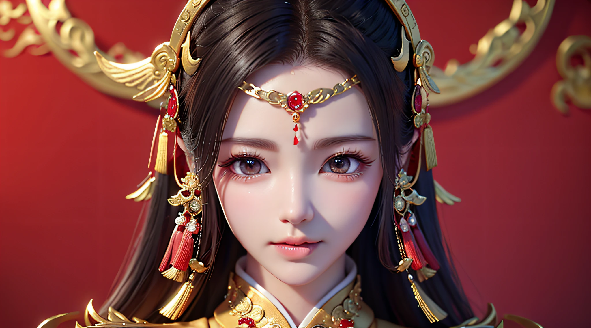 Close-up of a woman in a red dress and gold jewelry, a beautiful fantasy queen inspired by Du Qiong, Chase Boy (((a beautiful fantasy queen)), 8k high quality detail art, inspired by Lan Ying, 3d rendered figure art 8K, palace, girl in Hanfu, beautiful rendering of the Tang dynasty, inspired by Ju Lian, ancient Chinese princess