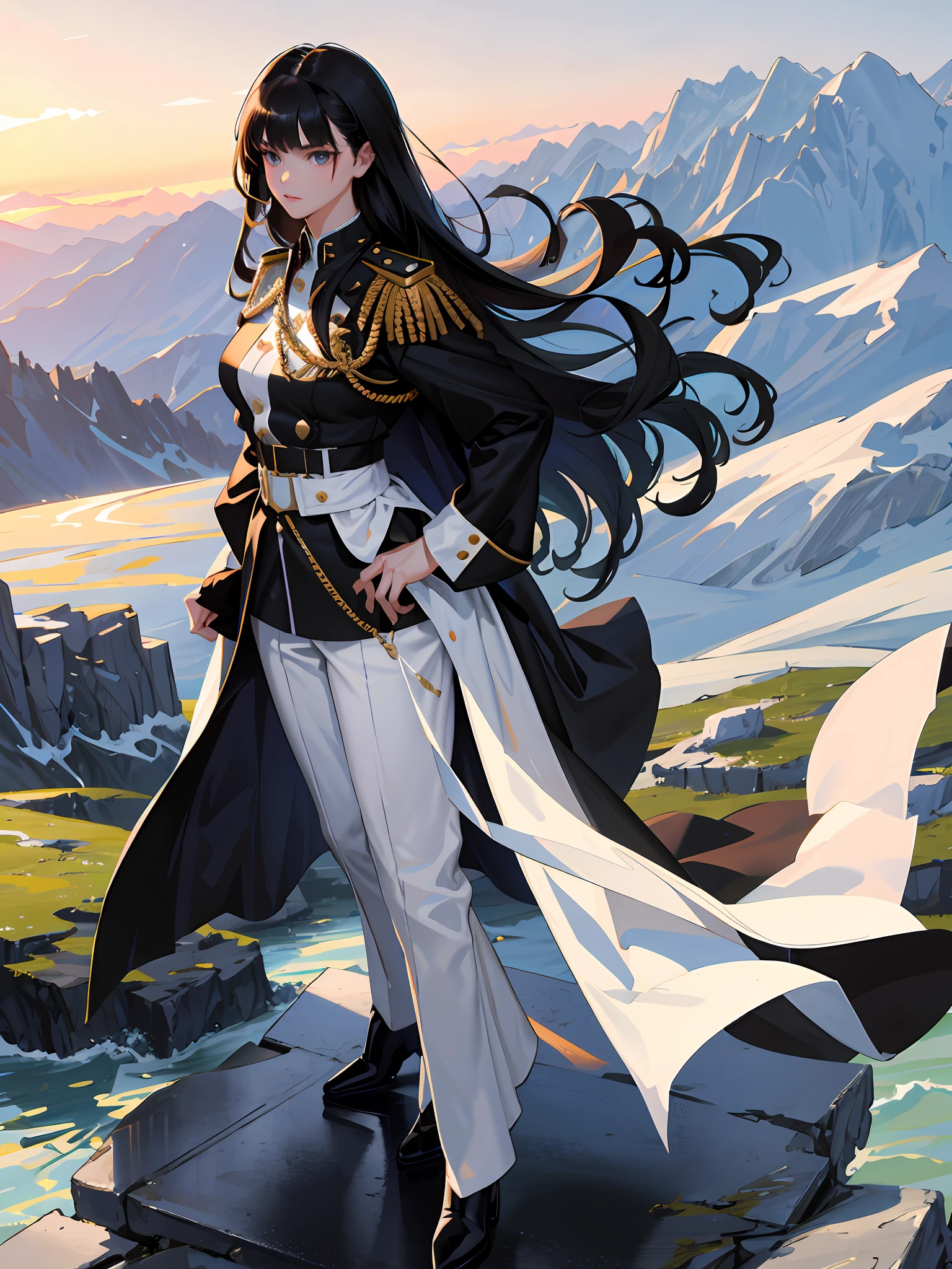 (highest resolution, distinct_image) superlative, masterpiece, high detail, semi-real, a very beautiful woman, solo, normal handsome posture, long black hair, 18 years old, young, tall and strong, white and black military uniform, military boots, military uniform, military school, confident, serious, cold, proud, standing on a cliff, overlooking the mountain