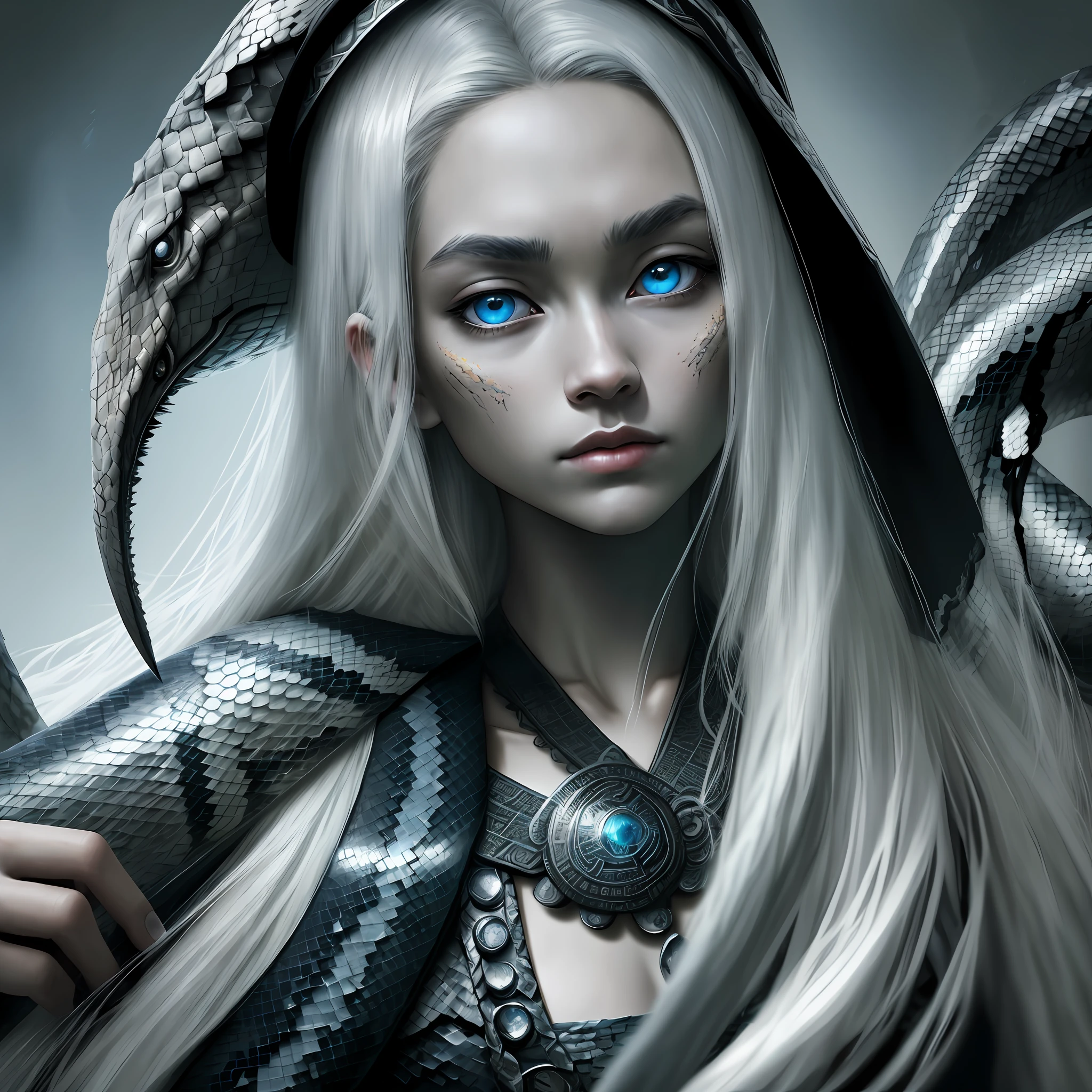 Masterpiece, Best Quality, (Chinese Ink Painting), (Illustration), (Landscape Background), (1 Person), Young Girl, Aztec Style, (Ancient Aztec Girl), (Russ Mills Style), Cloak, Silver Hair, (Long Long Hair), (Disheveled Hair), (White Skin), (Blue Eyes), Beautiful, (Scaly Clothing), ((Snake)), Silver Ornament, Dark Gray, Close-Up, (Large Background), (Chiaroscuro), Fine Face Details, Face Details, Cinematic Lighting, (Depth of Field),UHD, (upper body)