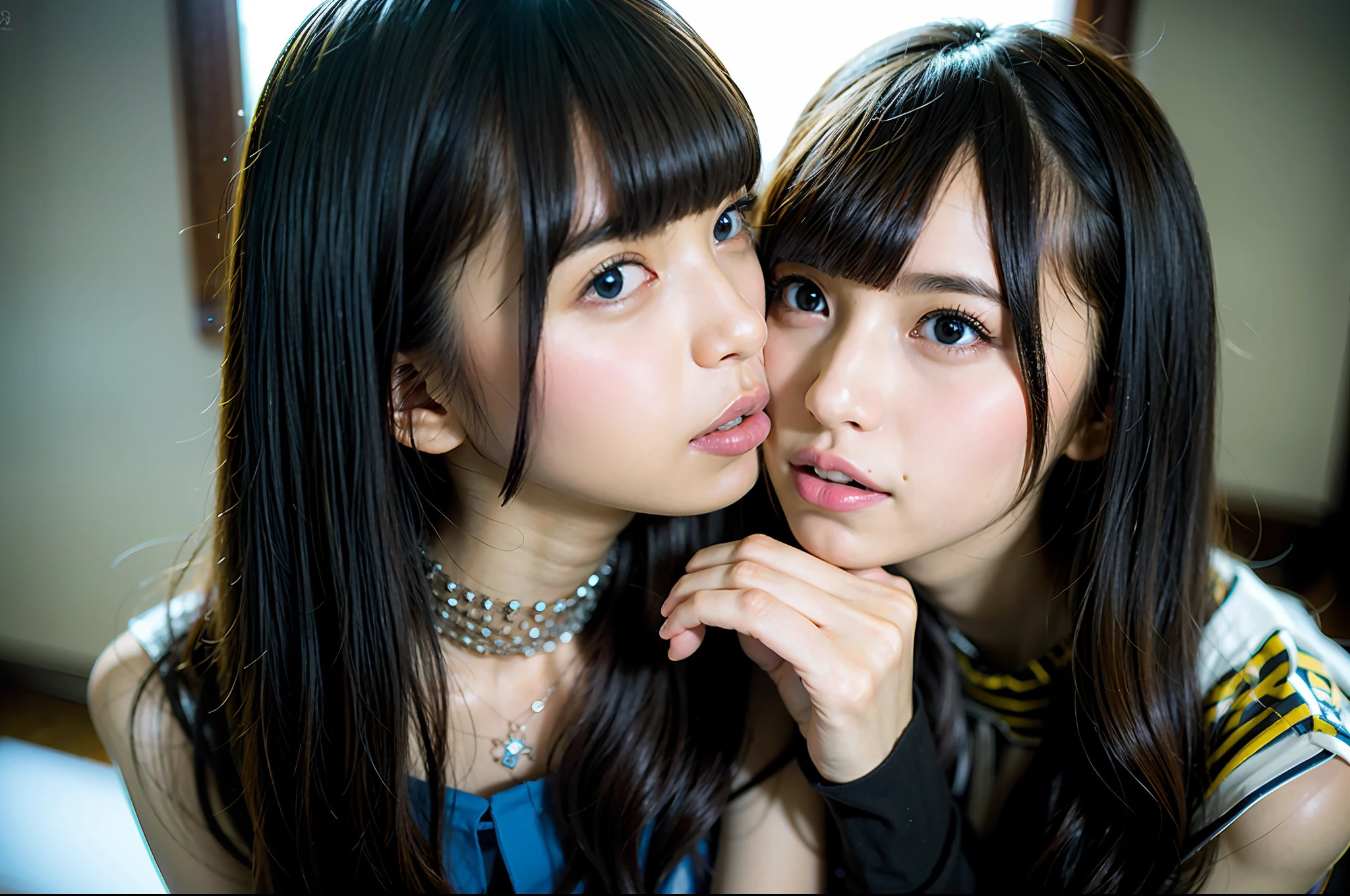 (ultra realistic),best quality, ultra high res,((2 slim girls kissing)), (Tongue kiss:1.2), ( french kiss:0.8),bangs,asian,indoors,detailed face,black thighhighs,yellow eyes,short hair,make up,detailed black hair,detalied eyes, detalied lips, cosplay,showing armpits,blurry window background,jewelry, (PureErosFace_V1:0.8), (ulzzang-6500:0.66) ,