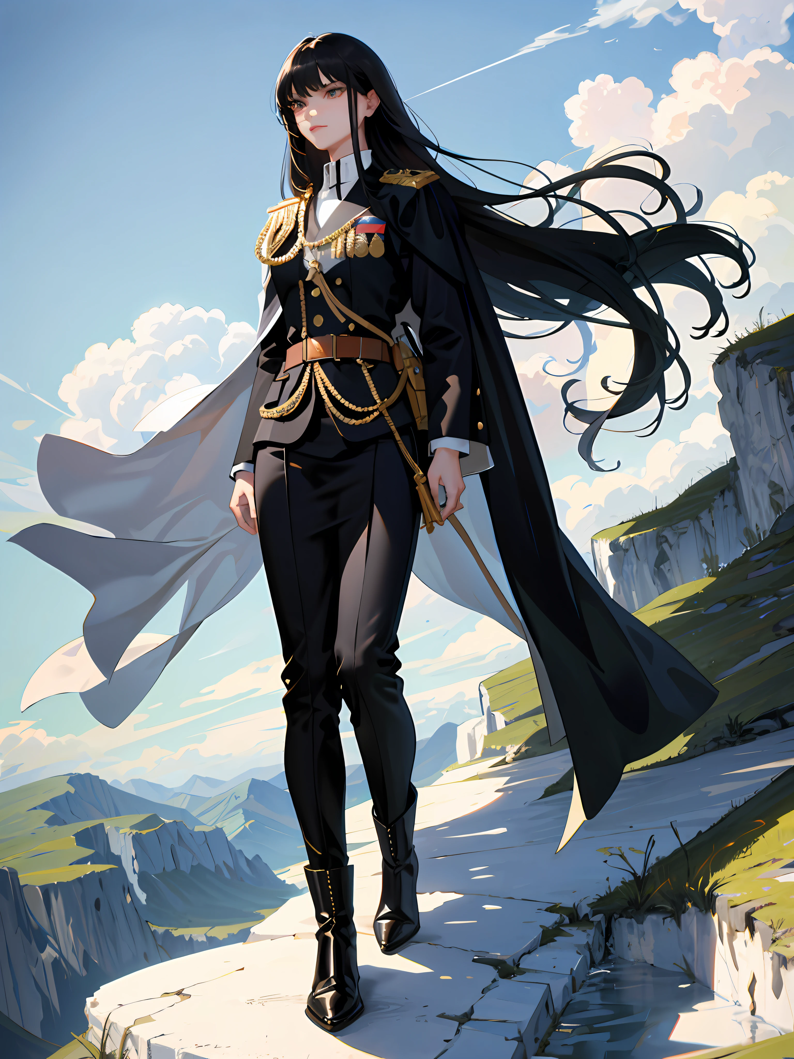 (highest resolution, distinct_image) superlative, masterpiece, high detail, semi-real, a very beautiful woman, solo, normal handsome posture, long black hair, 18 years old, young, tall and strong, white and black military uniform, military boots, military uniform, military school, confident, serious, cold, proud, standing on a cliff, overlooking the mountain