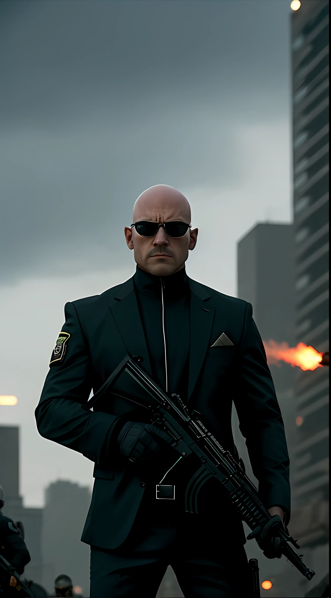 Stealth, Dusk, a dangerous mercenary in a black suit and bald sunglasses who aims to bring justice to the world, a city with enemies and snipers from Free Fire, 16k, ????