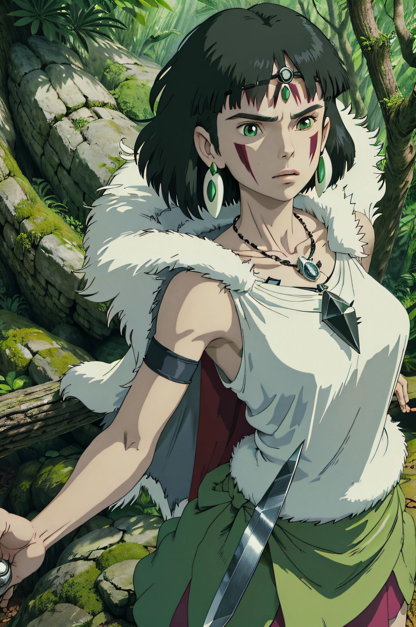 ghibli style, san \(mononoke hime\), girl, armlet, bangs, black hair, black undershirt, breasts, cape, circlet, earrings, facepaint, floating hair, forest, fur cape, green eyes, jewelry, looking at viewer, medium breasts, nature, necklace, outdoors, parted bangs, shirt, short hair, sleeveless, sleeveless shirt, solo, tooth necklace, tree, whole body, white shirt, skirt, knife, blood, ((masterpiece))
