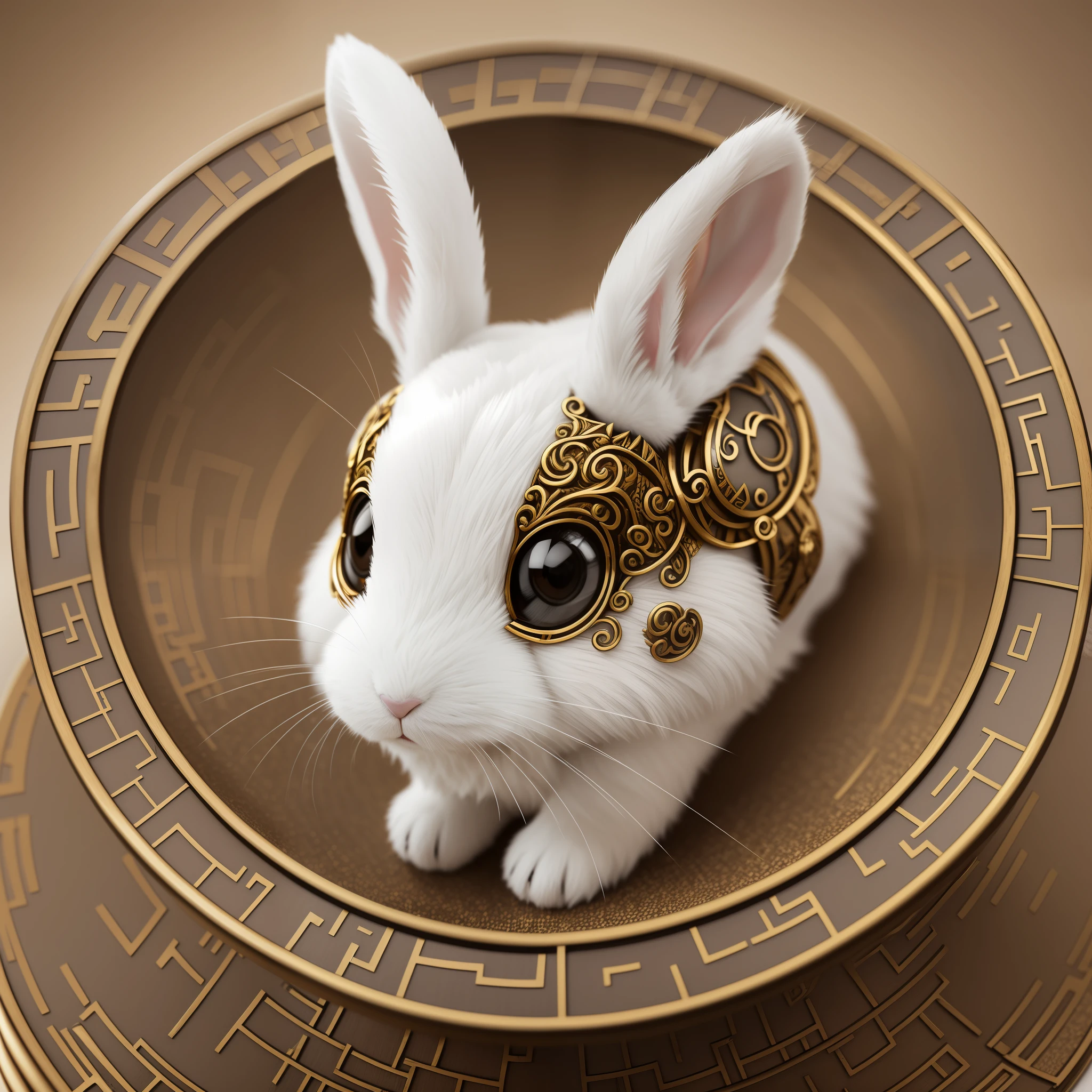 A cute white rabbit made of metal, Holding rice dumplings, (cyborg:1.1), (Intricate details), hdr, (Intricate details.), hyperdetailed:1.2), Vignette, in the center, dutch angle, Hyperrealism, cinematic lighting, tachi-e, zoom layer, from side, close-up, god rays, depth of field, best quality, award winning, textured skin, highres