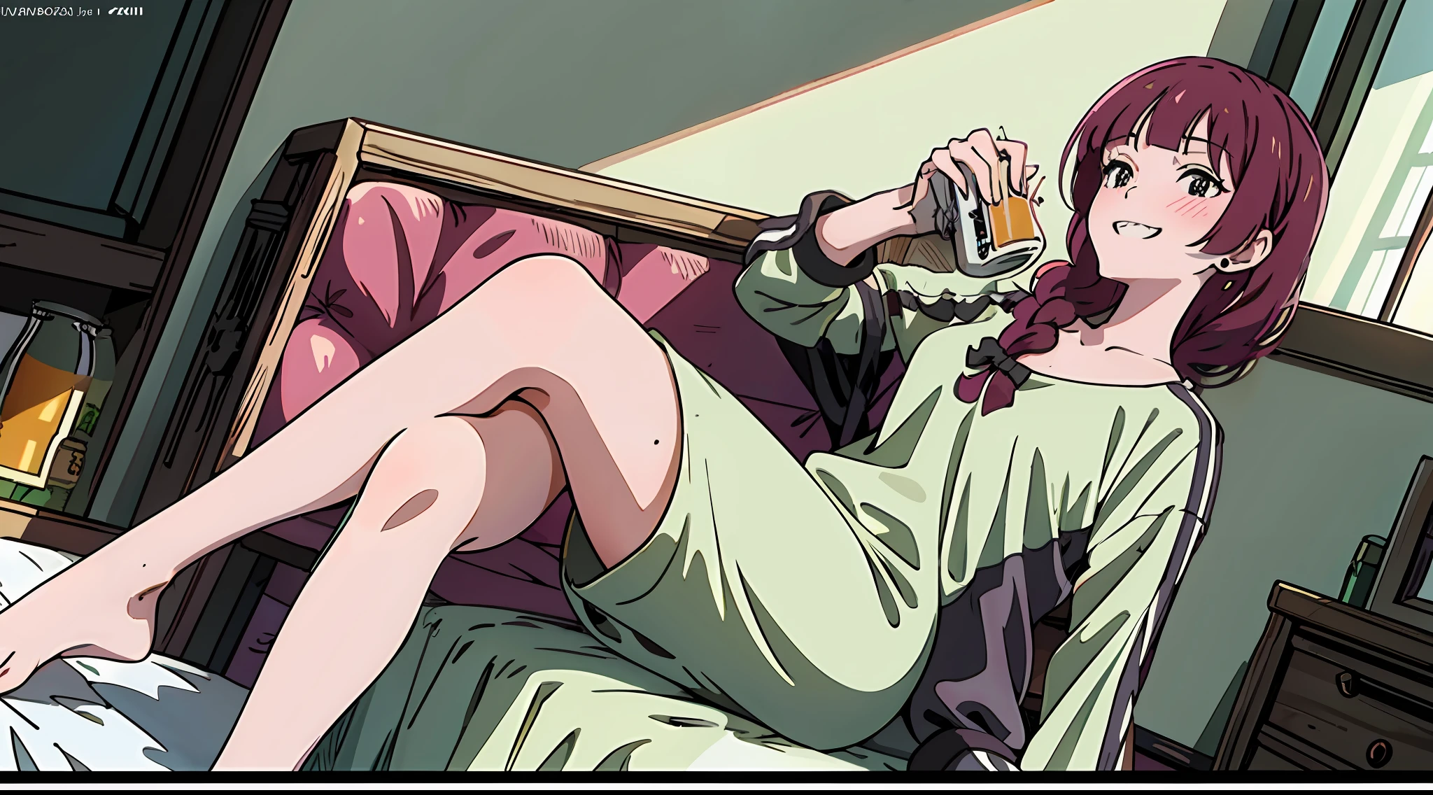 Top quality, high_resolution, distinct_image, detailed background, dark hair, Dutch angle, drunk, drunk, bedroom, windowsill, anime, upward, bare feet, slender figure, indoors, showing teeth and laughing, crossed legs, on bed, sitting crossed legs, overhead view, can of beer