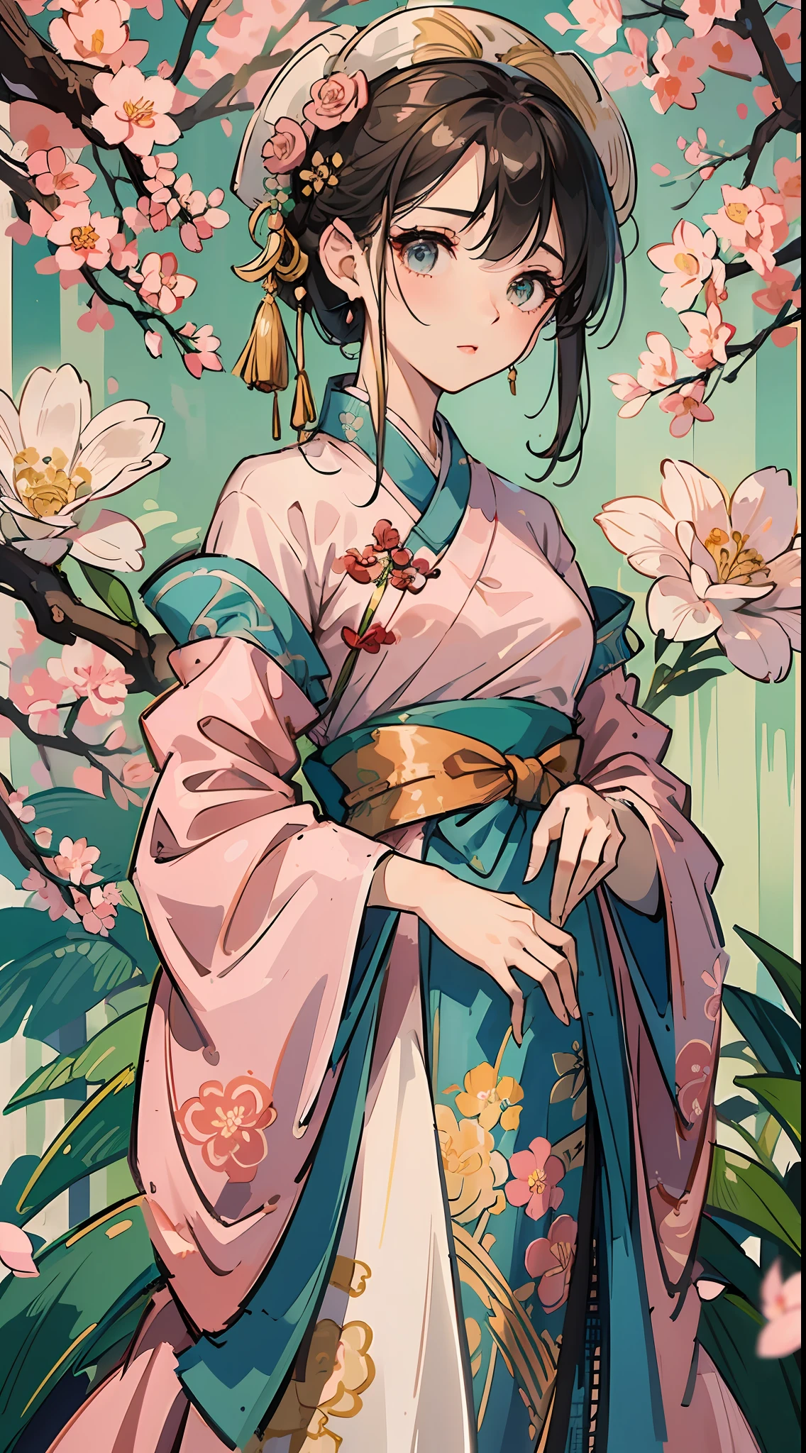 ((Masterpiece)),((Best Quality)),8K, High Detailed, Ultra-Detailed, a beautiful scenery with peach blossoms in full bloom, and in the center of it stands a stunning ((Hanfu)) clad girl. Her dress is a light pink color with delicate floral patterns, and her hair is styled in an intricate updo with strands of hair falling down in soft curls. Her face is serene and gentle, and her eyes gaze off into the distance as she holds a small bouquet of peach blossoms in her hand. The attention to detail is remarkable, with each individual petal of the blossoms and every fold of her dress expertly crafted, resulting in a breathtaking work of art that captures the beauty and grace of traditional Chinese culture. --auto --s2