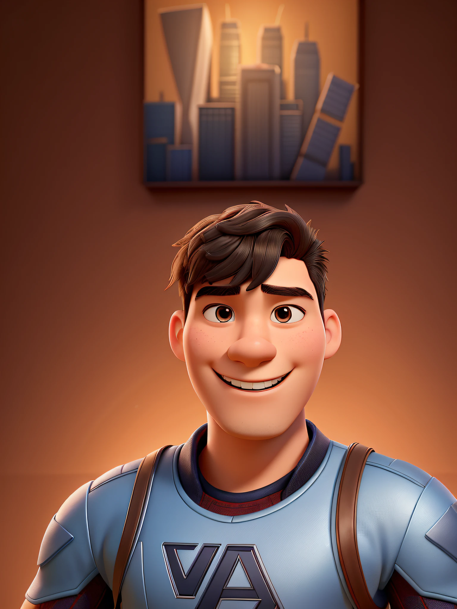 High detail face, Pixar style, cartoon characters, cute 3d rendering, waist length portrait of a 20 year old young Chinese man in Marvel Avengers clothes, smile, Avengers base, natural skin texture, 4k texture, HDR, intricate, very detailed, sharp focus, cinematic look, super detailed, -iw 1.5