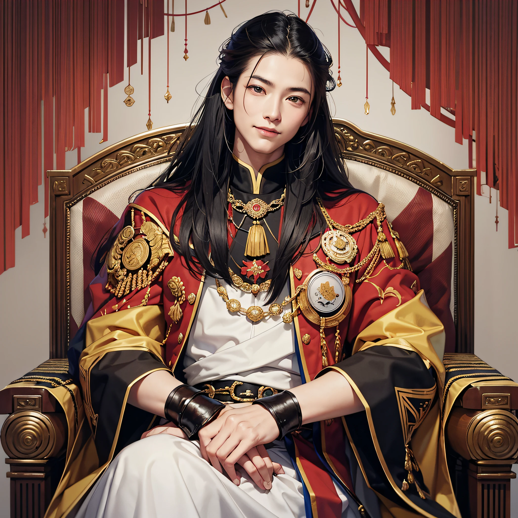 Warring States period, emperor, 40s, very strong, sitting on emperor's chair, smiling, dynamic wallpaper, 8K, very delicate, very dense, bright color, black hair, majesty of a king, upper body, chest up
