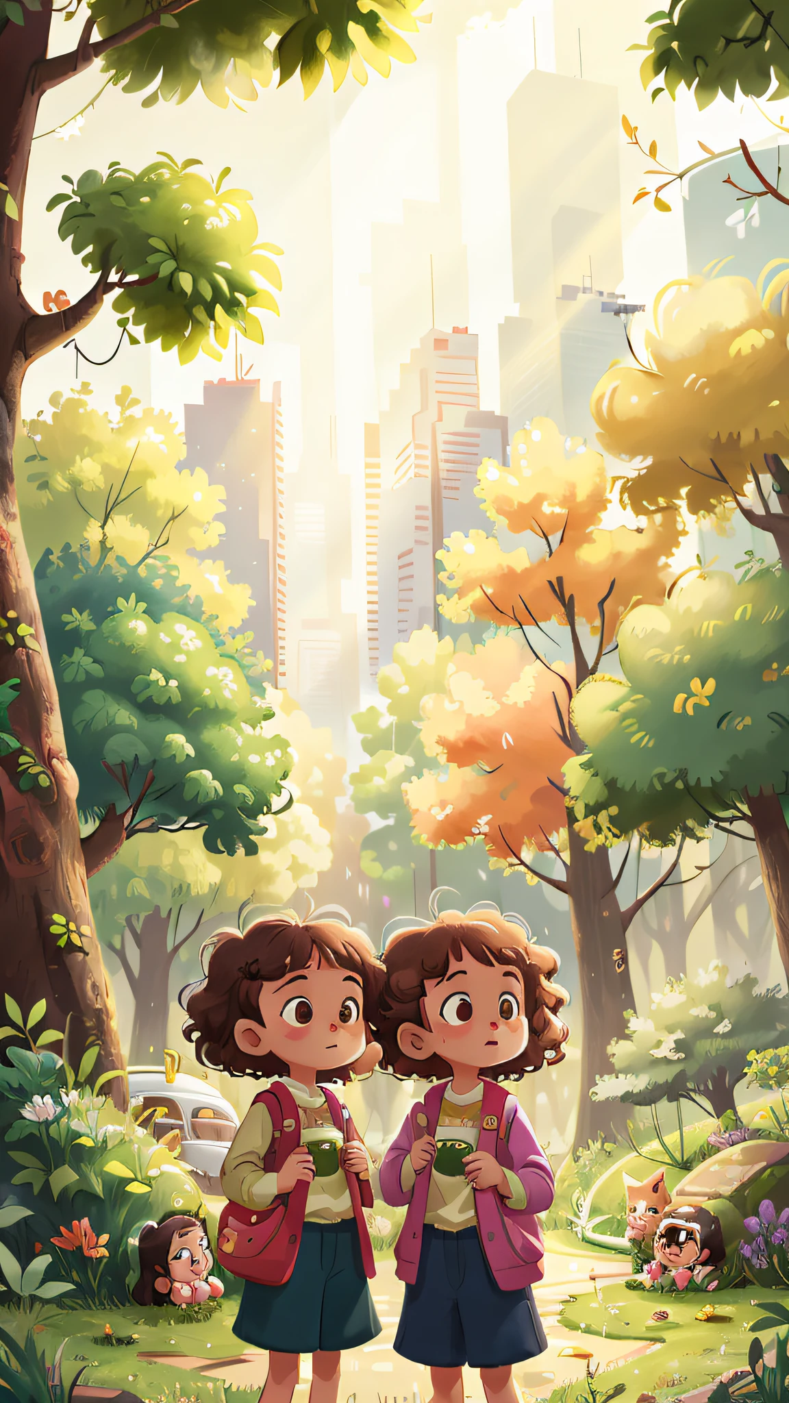 Two girls, twins, curly brown hair, in the park rainy day
