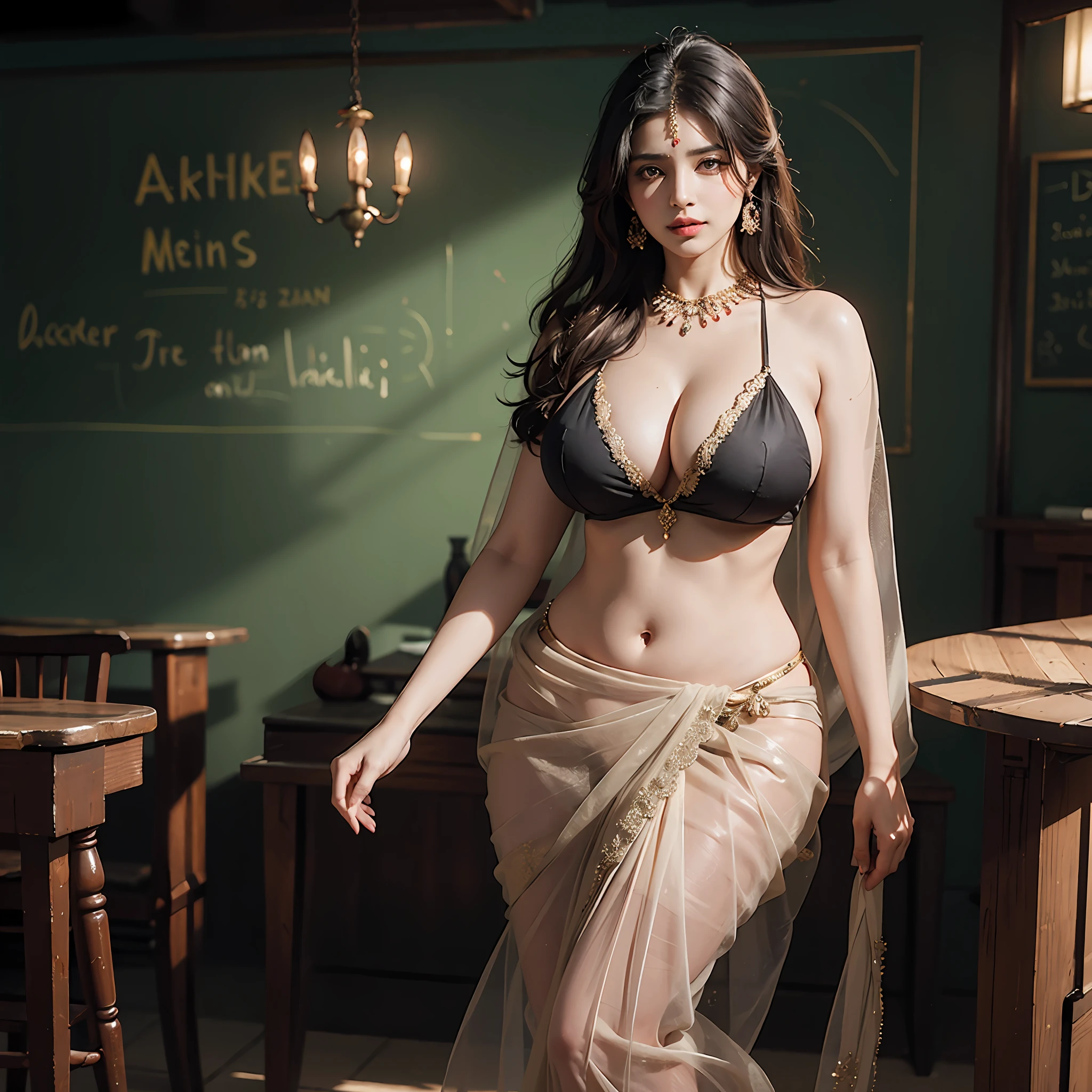 indian feamle teacher, in her late 40s, gigantic boobs, see through saree, navel show, deep cleavage show, no jwellery, standing in front of blackboard, super realistic, 4k, hig resolution