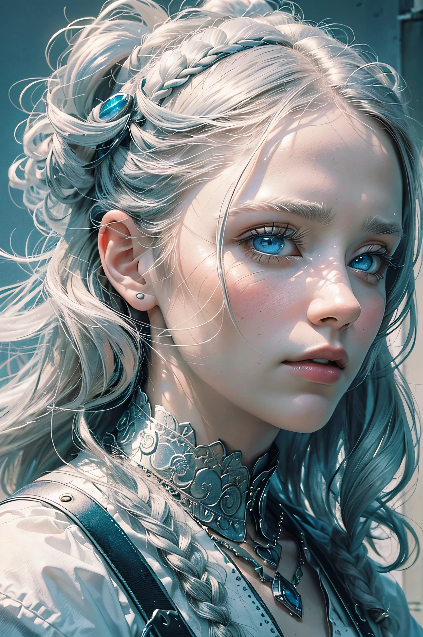 (8K, Best Quality, Masterpiece: 1.2), (Realistic, Photorealistic, Photorealistic: 1.37), Best Quality, Masterpiece, White Hair, Blue Eyes, White Clothes, Look Up, Upper Body, Hair Strands, Fair Skin, Side Braids, Ultra High Resolution, Highly Detailed Eyes and Face, --auto --s2