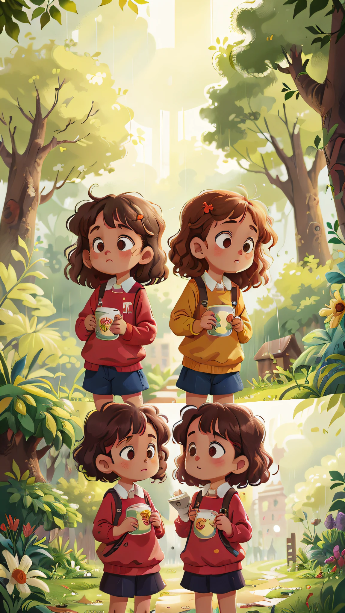 Two girls, twins, curly brown hair, in the park rainy day