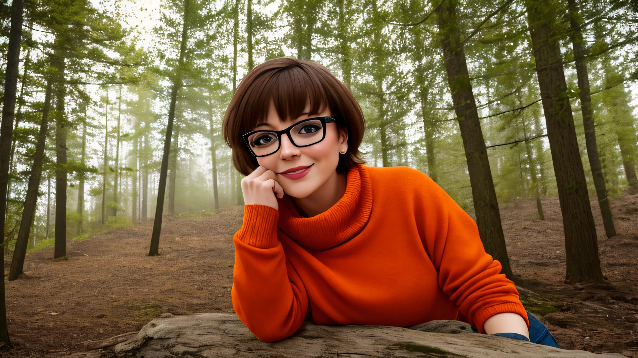 masterpiece, depth of field, photorealistic, absurdres, best quality, 8k, best quality, 1girl, female, mature, full body portrait, perfect lighting, nipple visible cinematic lighting, looking at viewer, velma dace dinkley, solo, blush, breasts, cleavage, brown eyes, (dark brown hair:1.2), freckles, glasses, medium breasts, lips, looking at viewer, nose, orange shirt, (orange sweater:1.2), short hair, smile, sweater, (turtleneck:1.2), turtleneck sweater, portrait, woods, forest, pine, (night:1.2), (creepy:1.2), dark, shadows, shadow, moon, smile, depth of field, abandonned, happy, magnificant glass, fog,
